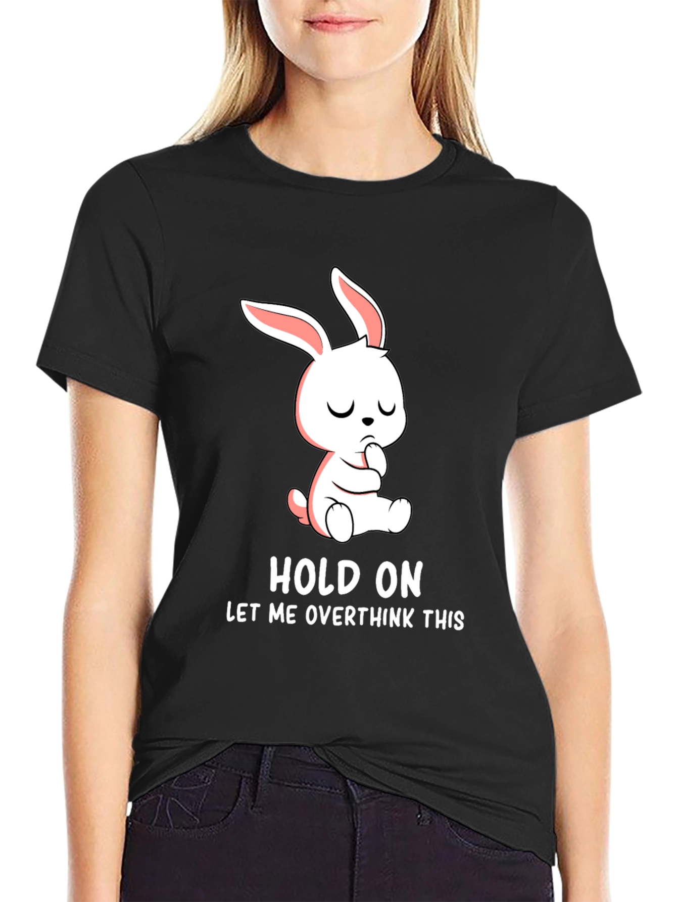 Black Hold On Overthink Bunny T-Shirt Funny Graphic Tee view 2