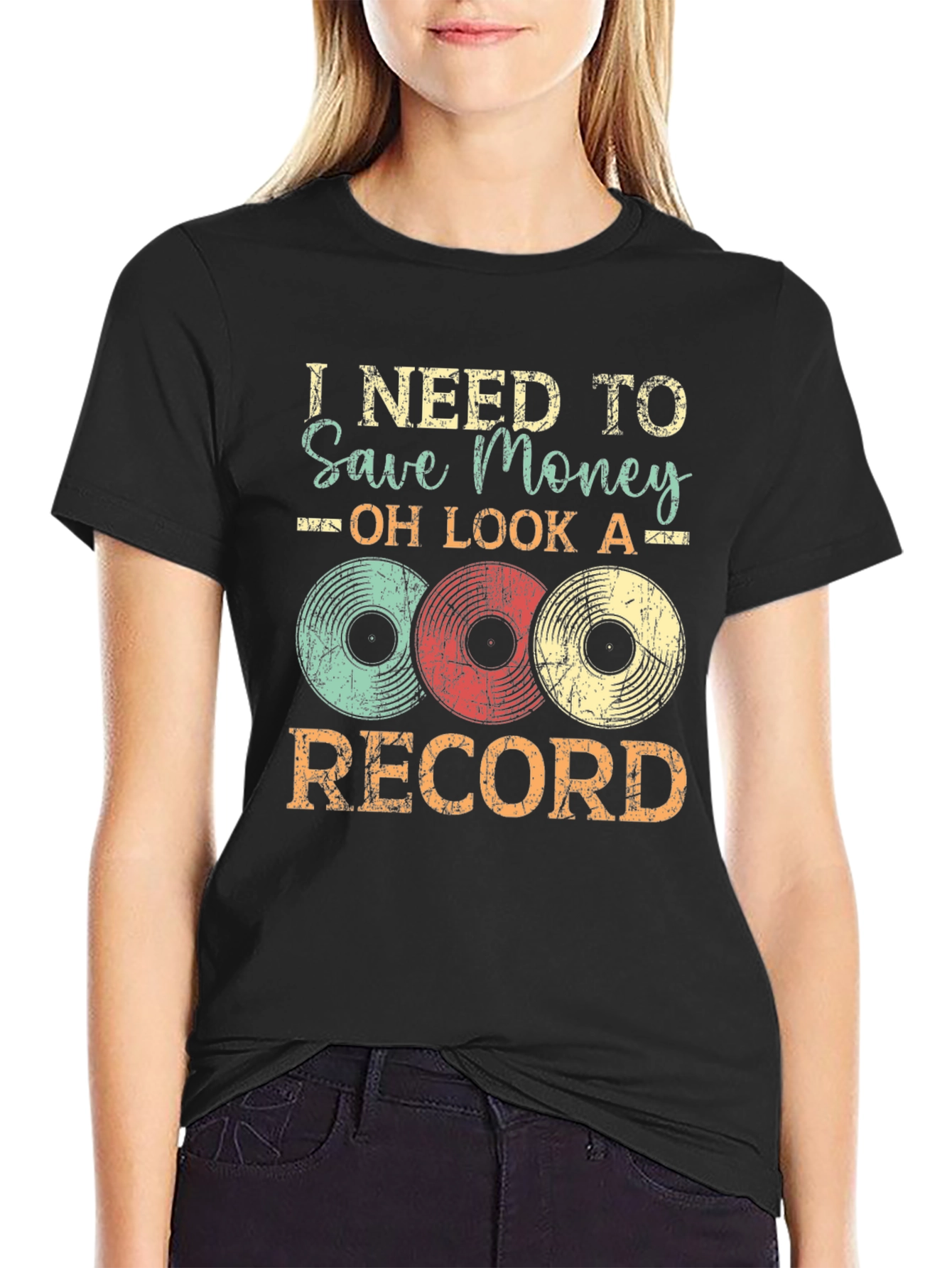 Black I Need to Save Money Vinyl Record T-Shirt view 2