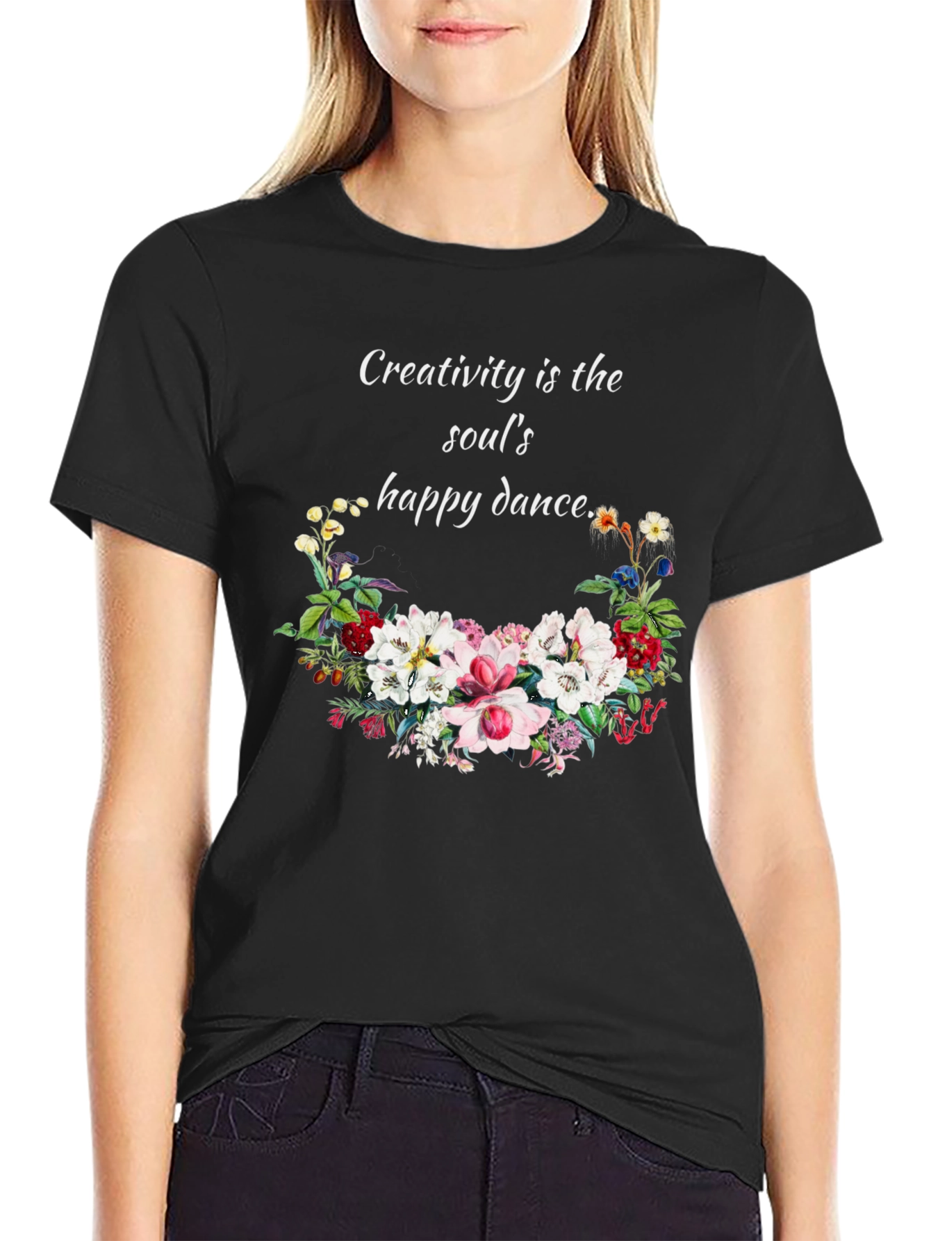 Black Creativity T-Shirt with Floral Design view 2