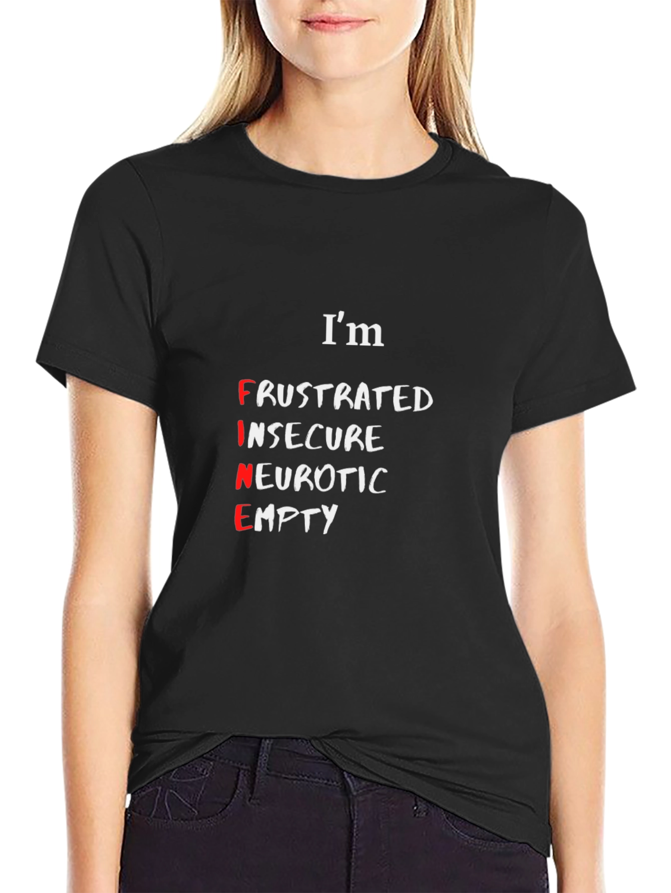Black I'm Fine T-Shirt - Funny Sarcastic Graphic Tee view 2