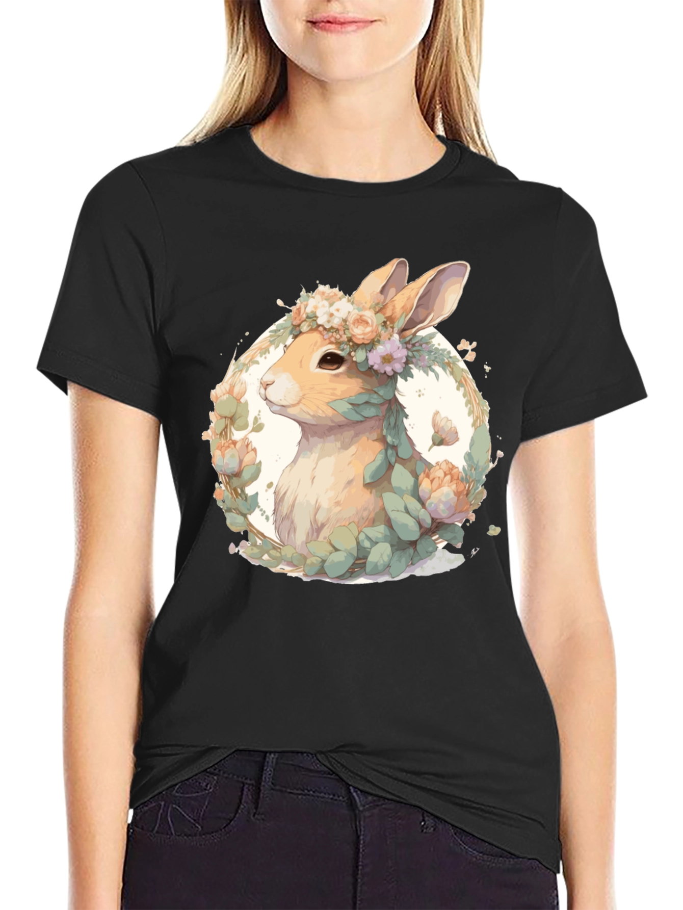 Black Floral Rabbit T-Shirt - Easter Spring Style view 2