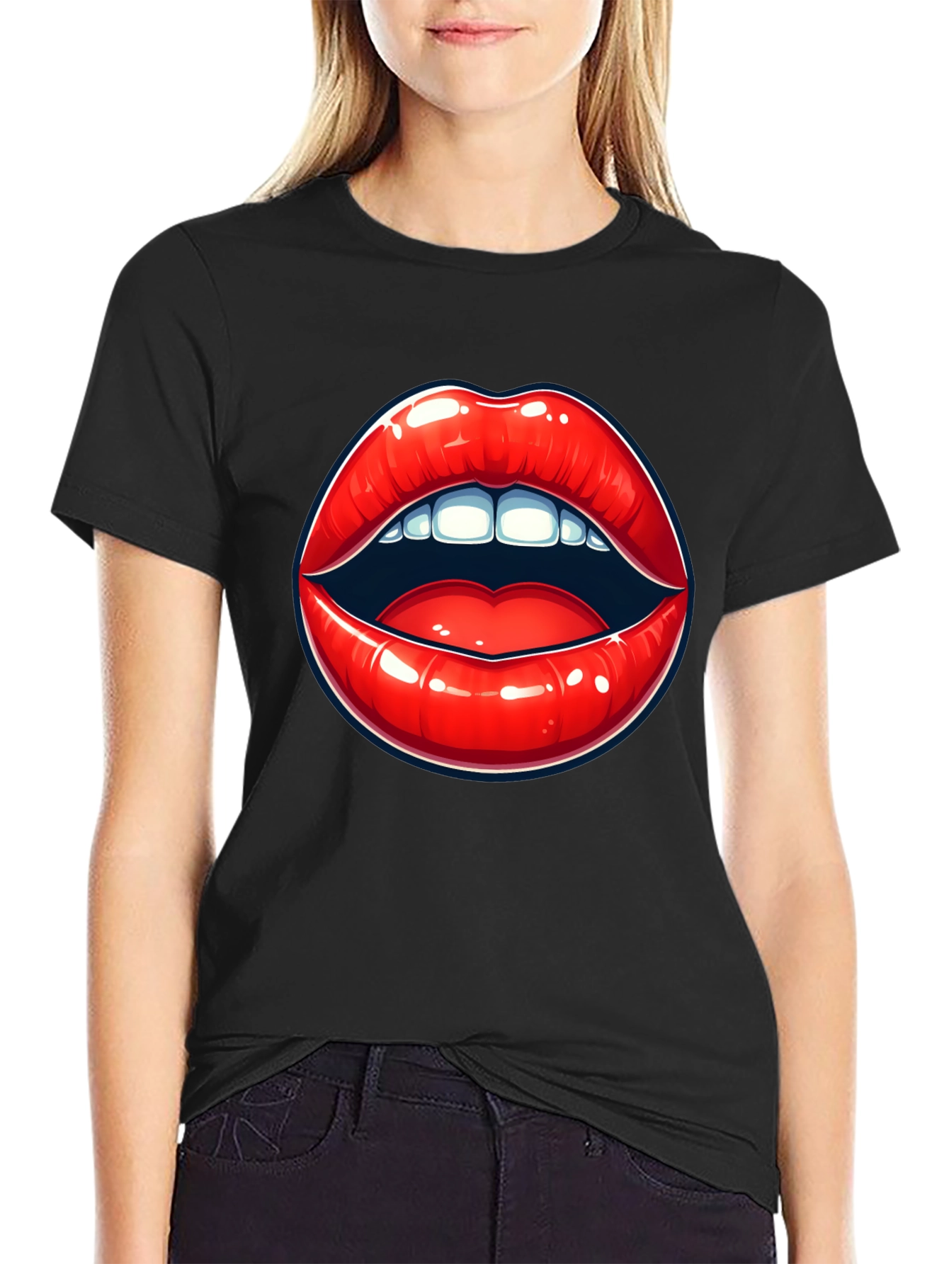 Black Bold Lips Graphic Tee - Black Cotton T-Shirt view 2