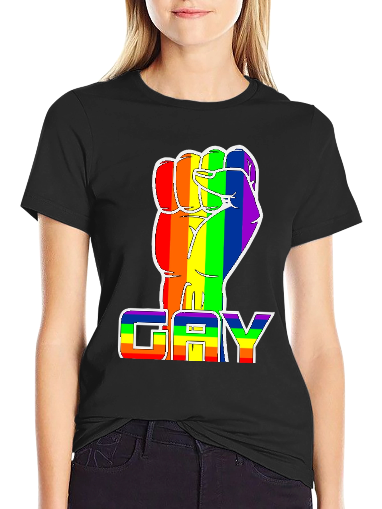 Black Rainbow Fist 'GAY' Pride T-Shirt - Black Cotton Blend Tee view 2