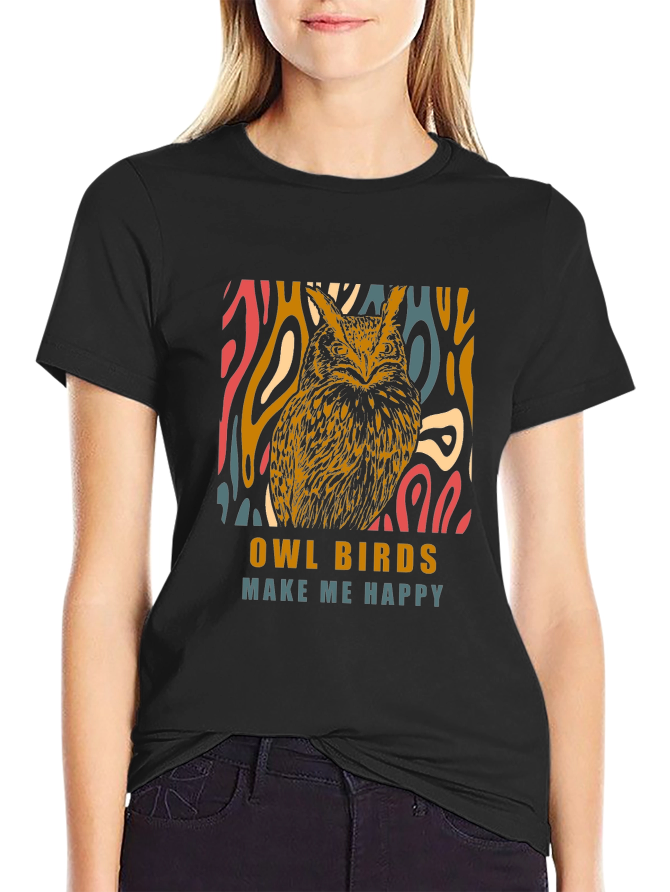 Black Owl Birds Make Me Happy Graphic T-Shirt view 2