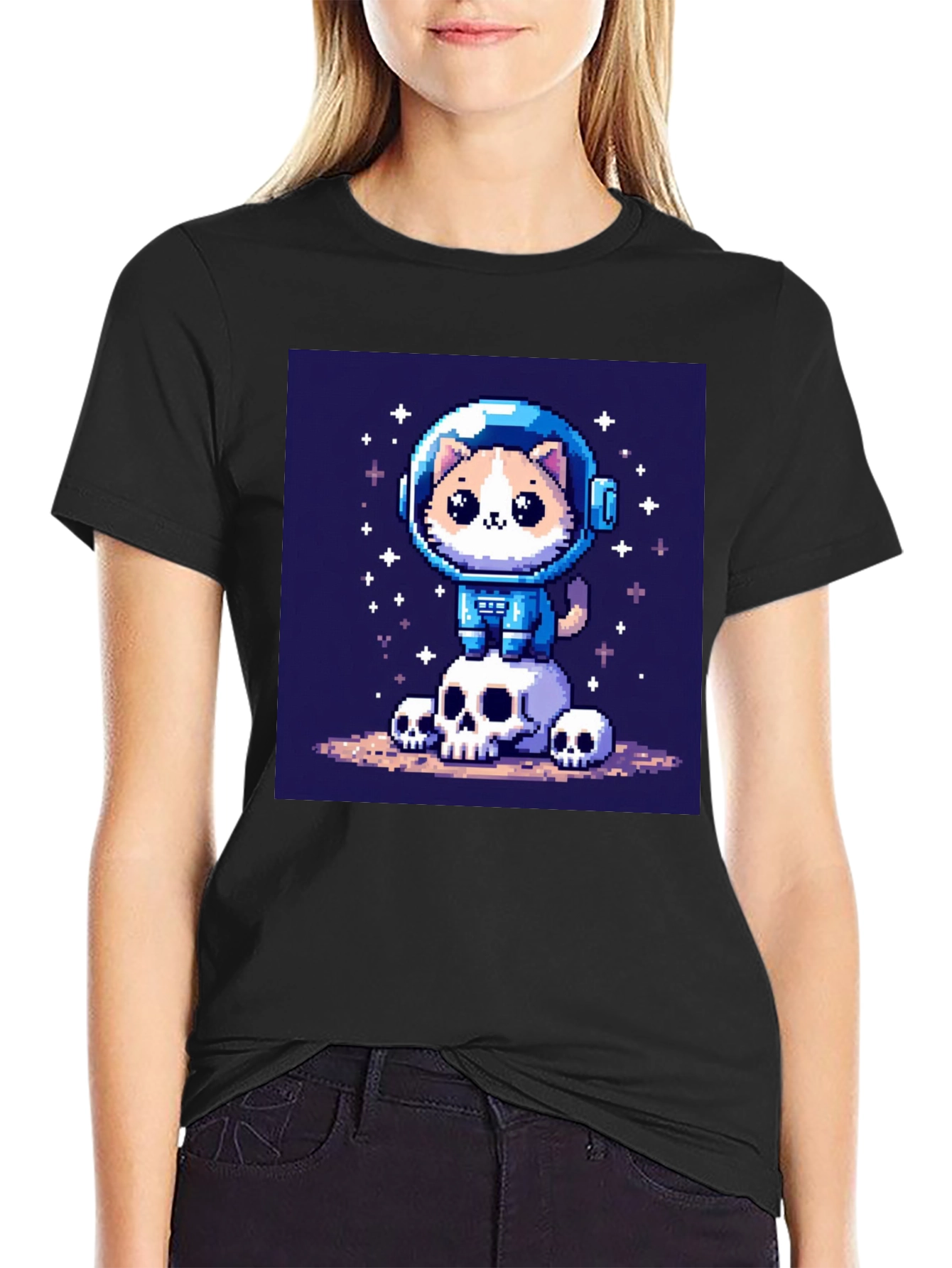 Black Pixel Cat Astronaut T-Shirt - Space Kitty Tee view 2