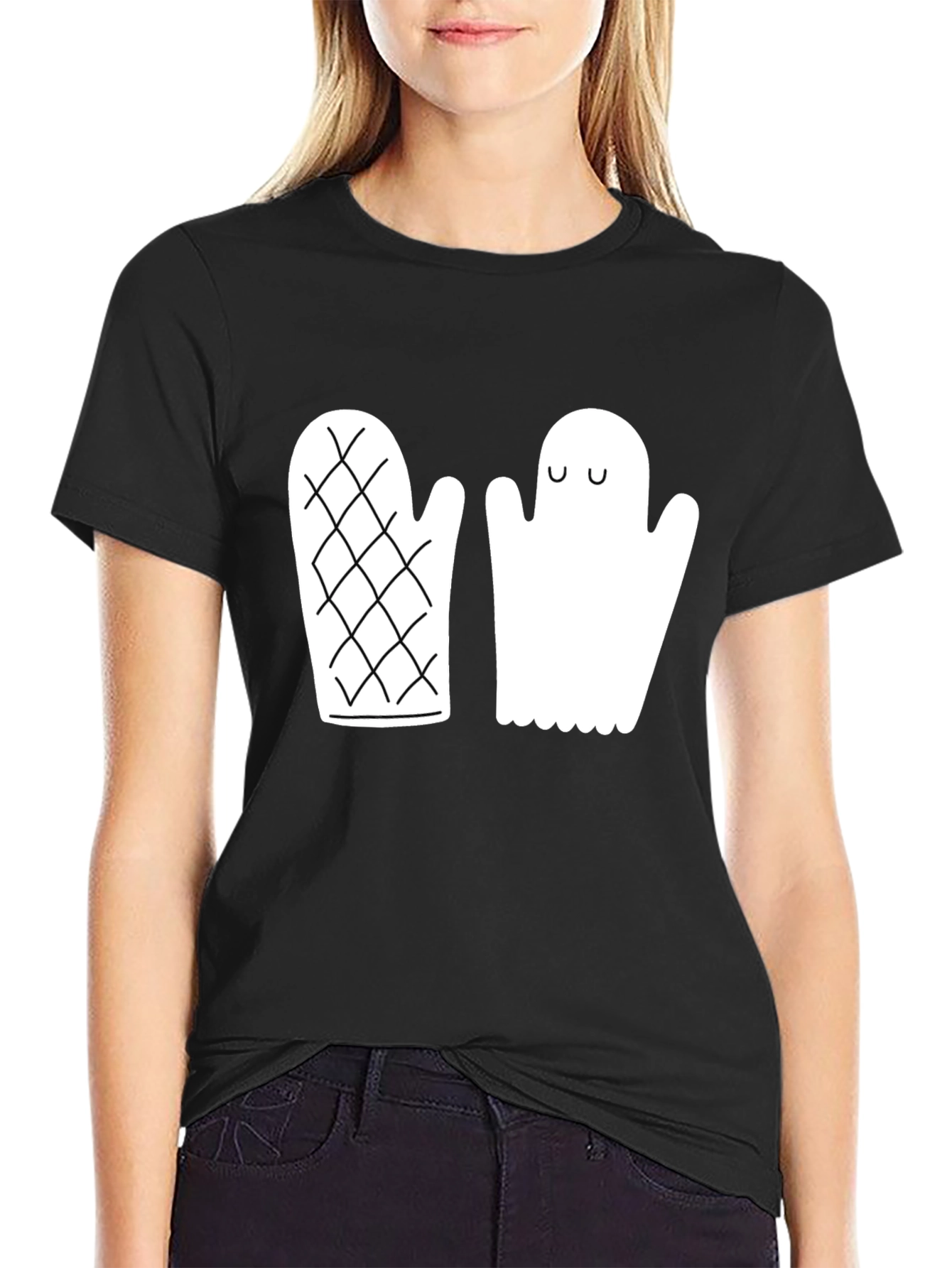 Black Quirky Ghost & Mitten Black T-Shirt view 2