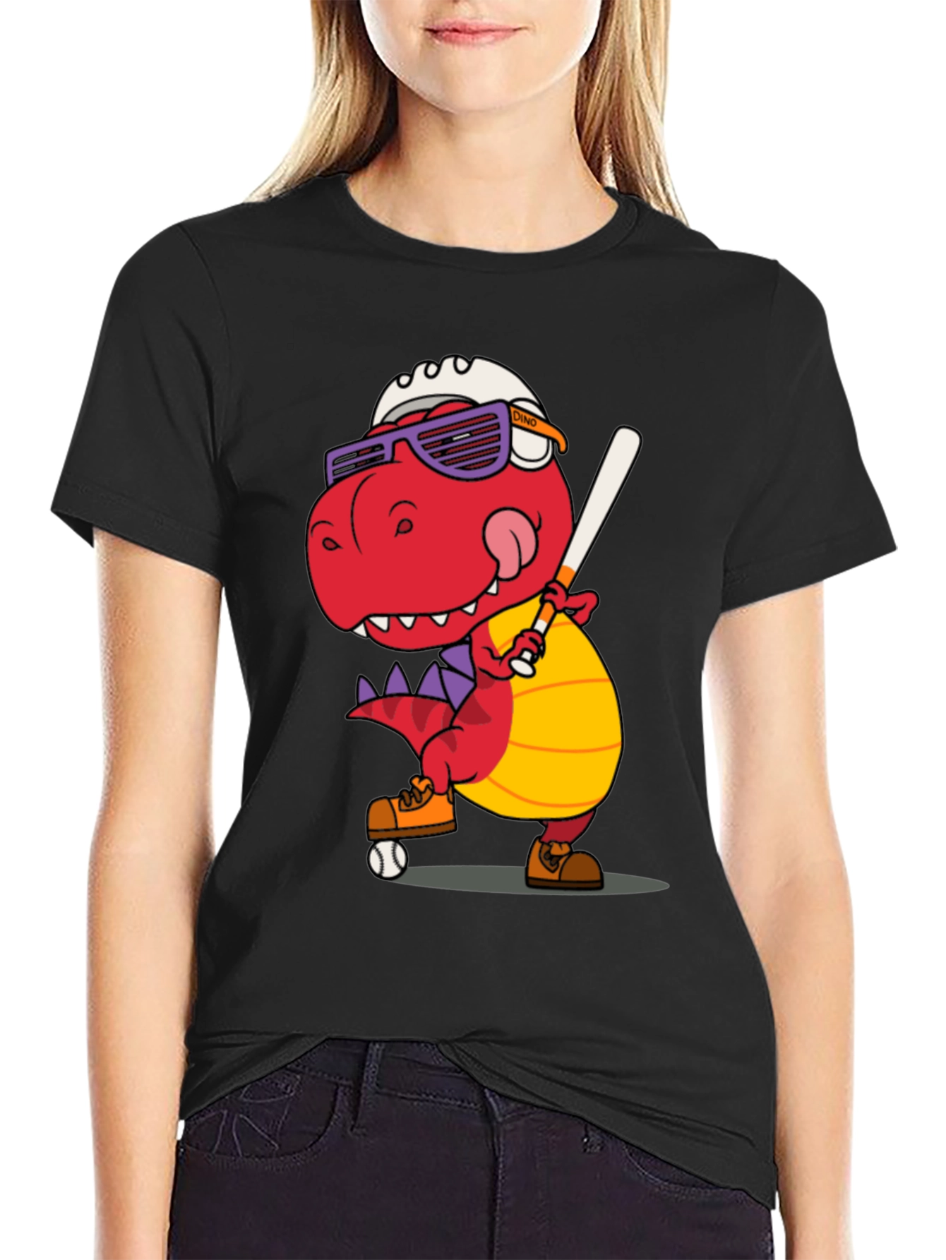 Black Dino Baseball T-Shirt - Novelty Graphic Tee view 2