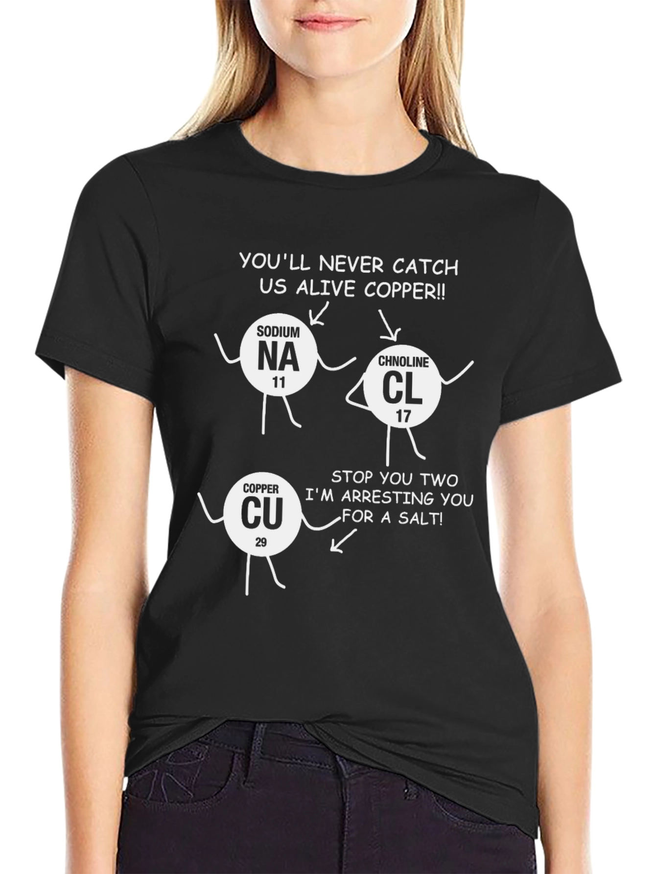Black Funny Chemistry T-Shirt: Sodium, Chlorine & Copper Joke view 2
