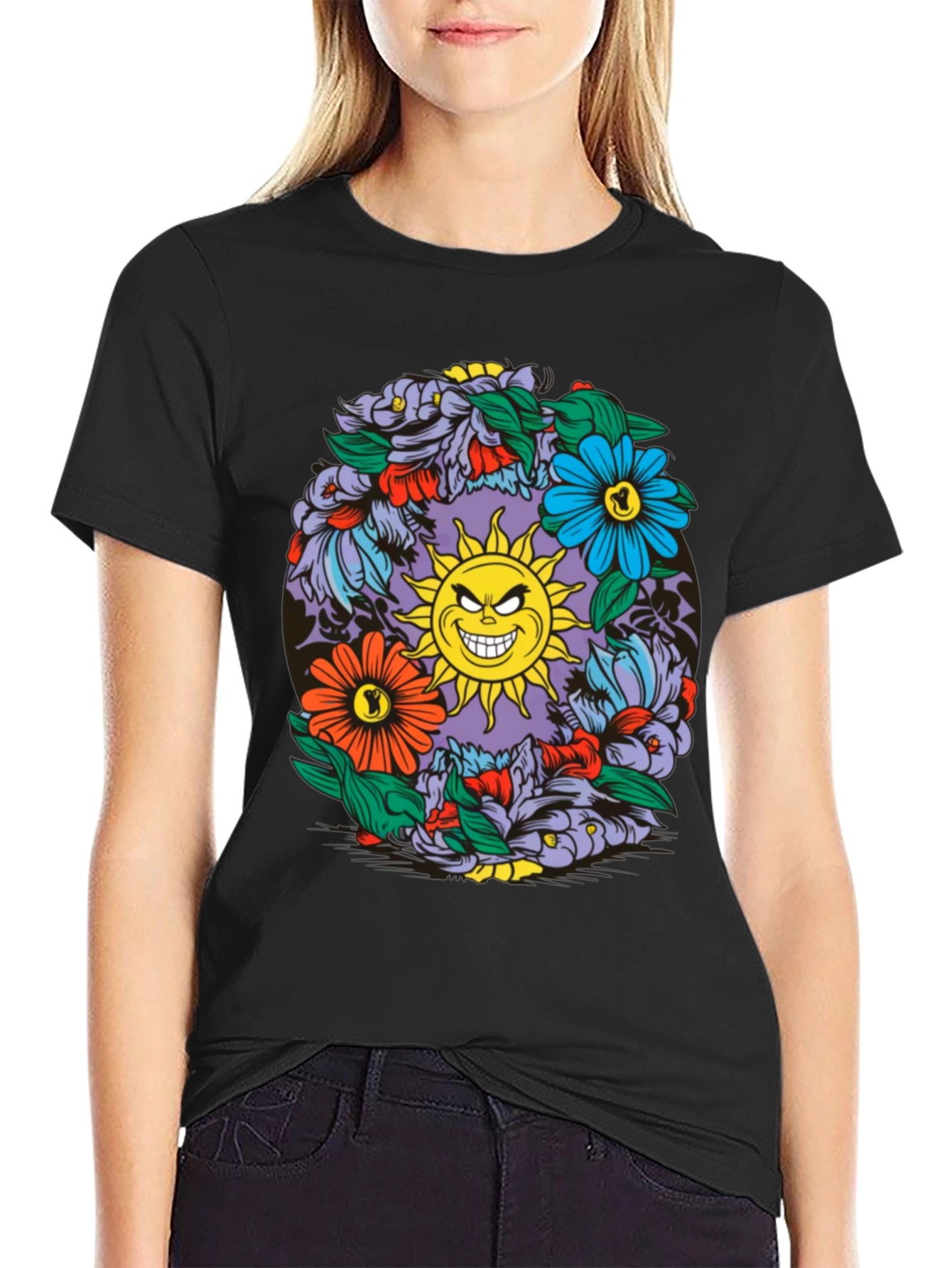 Black Floral Sun Graphic Black T-Shirt view 2