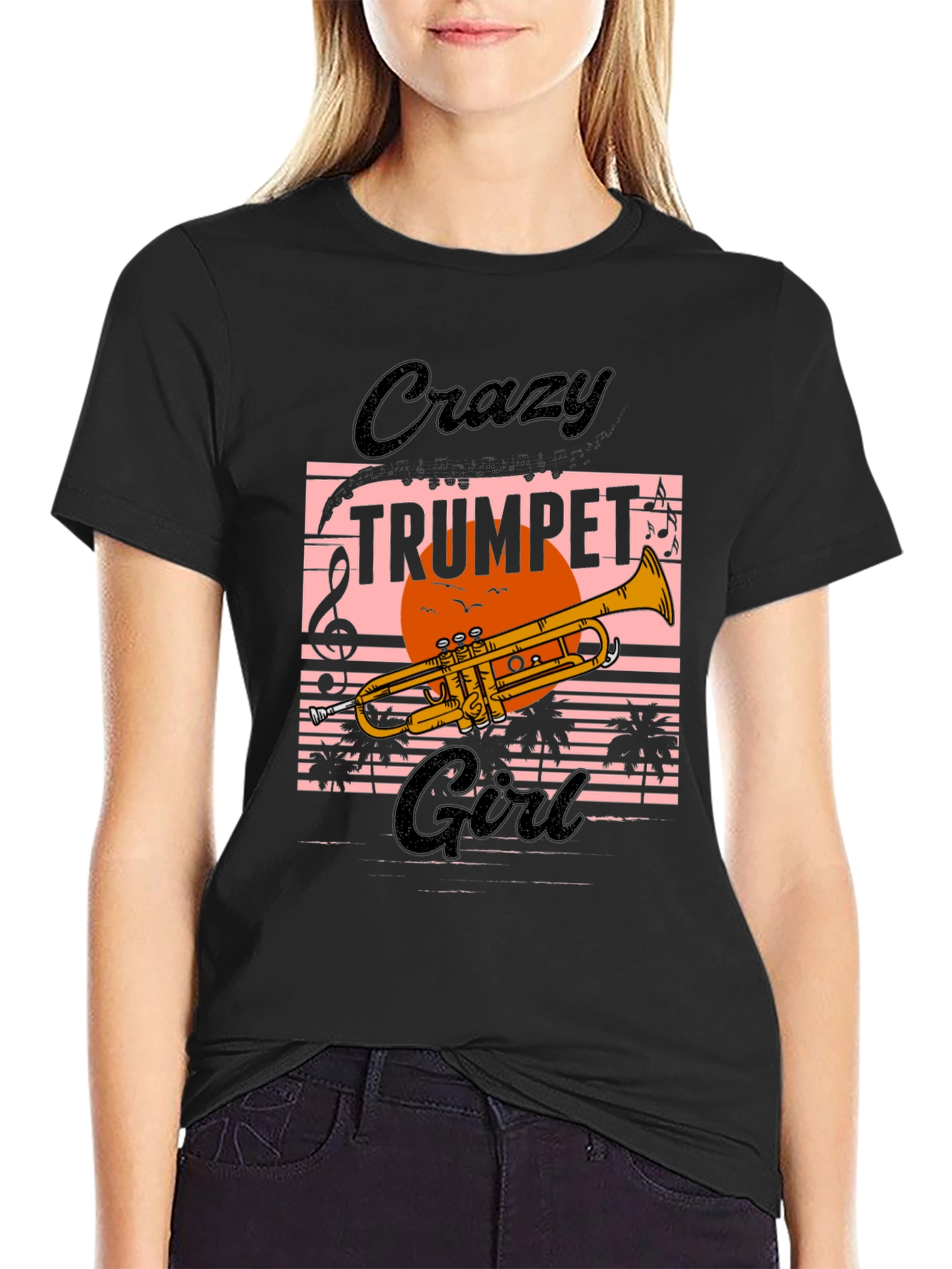 Black Crazy Trumpet Girl Graphic Tee view 2