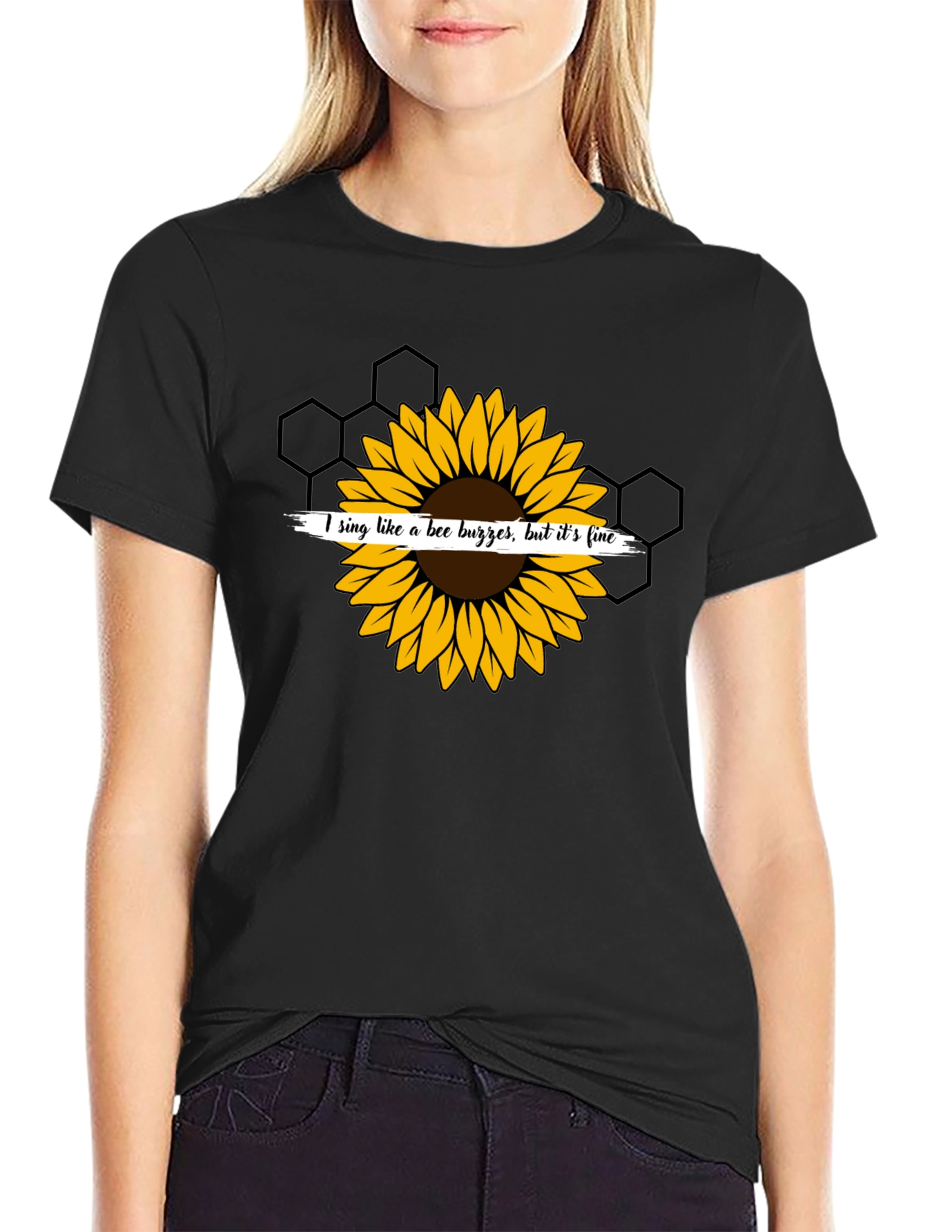 Black Sunflower Bee Buzz Funny Graphic T-Shirt view 2