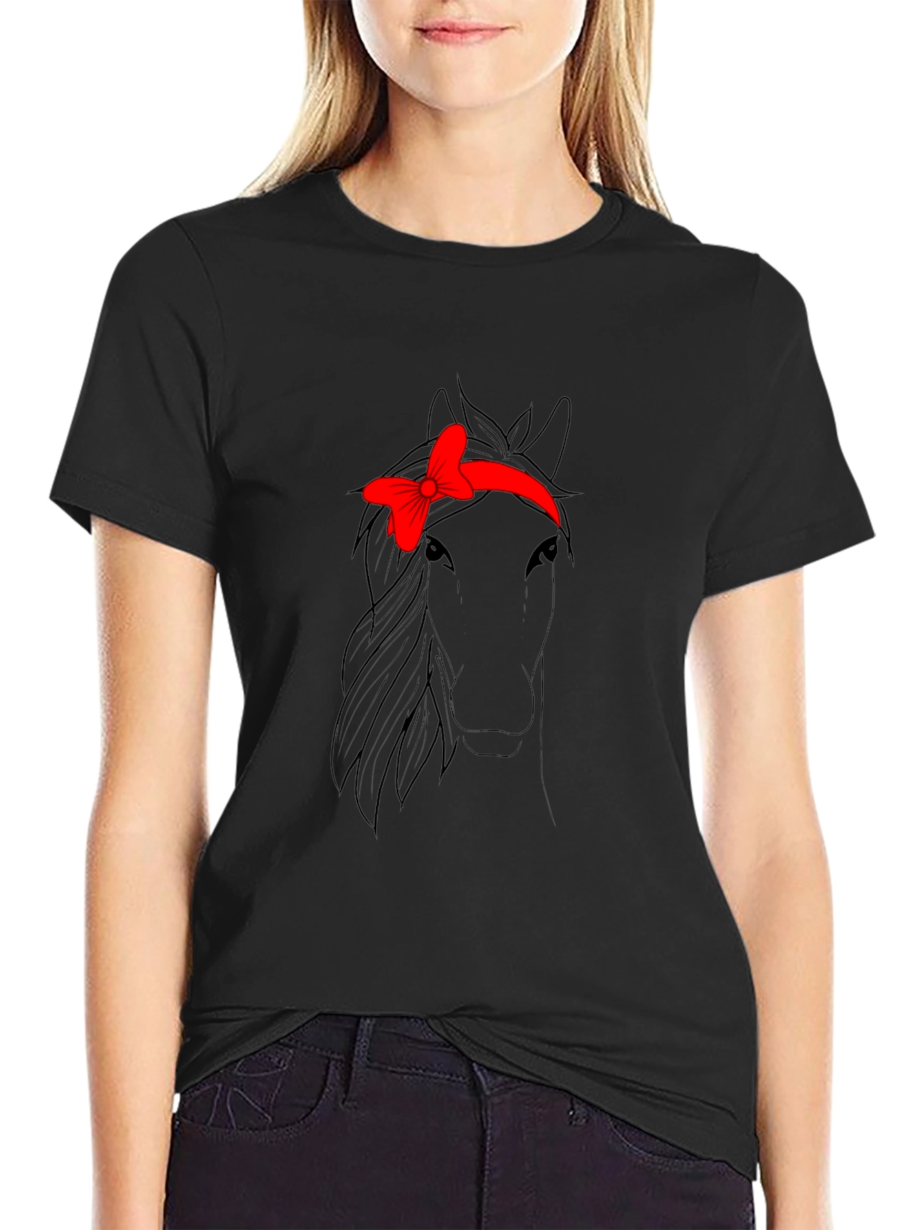 Black Horse with Bow T-Shirt - Cute Animal Design view 2