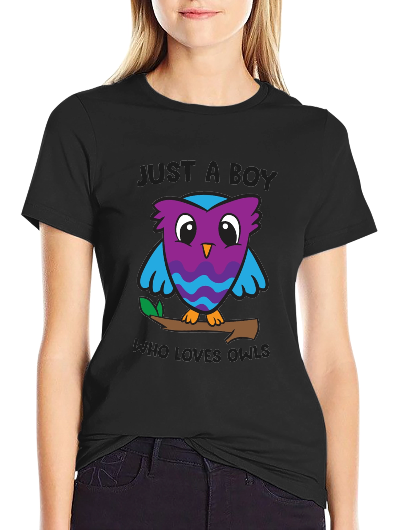 Black Just A Boy Who Loves Owls Graphic T-Shirt view 2