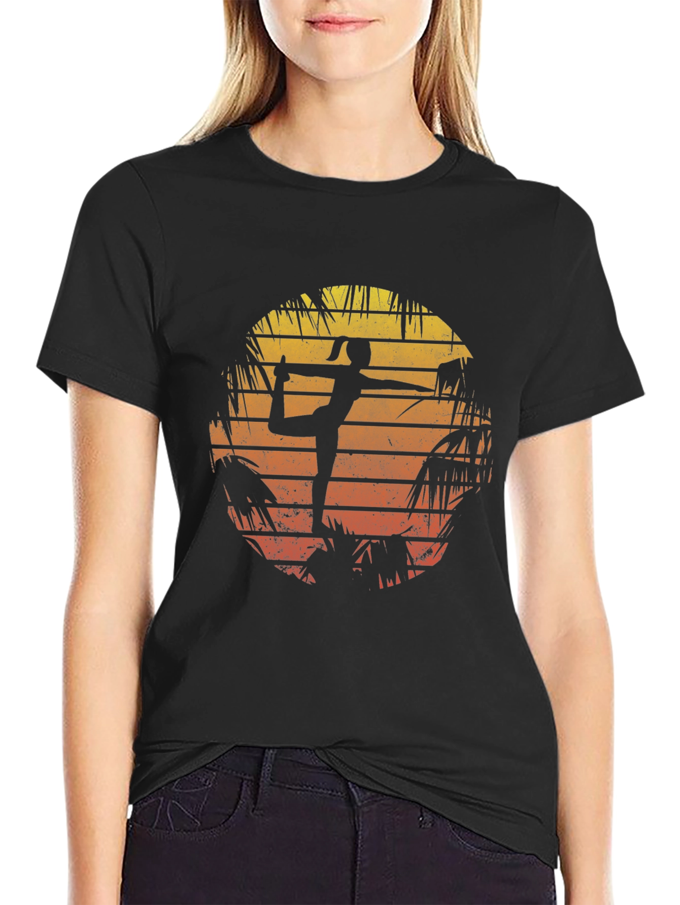 Black Yoga Pose Sunset Graphic T-Shirt view 2