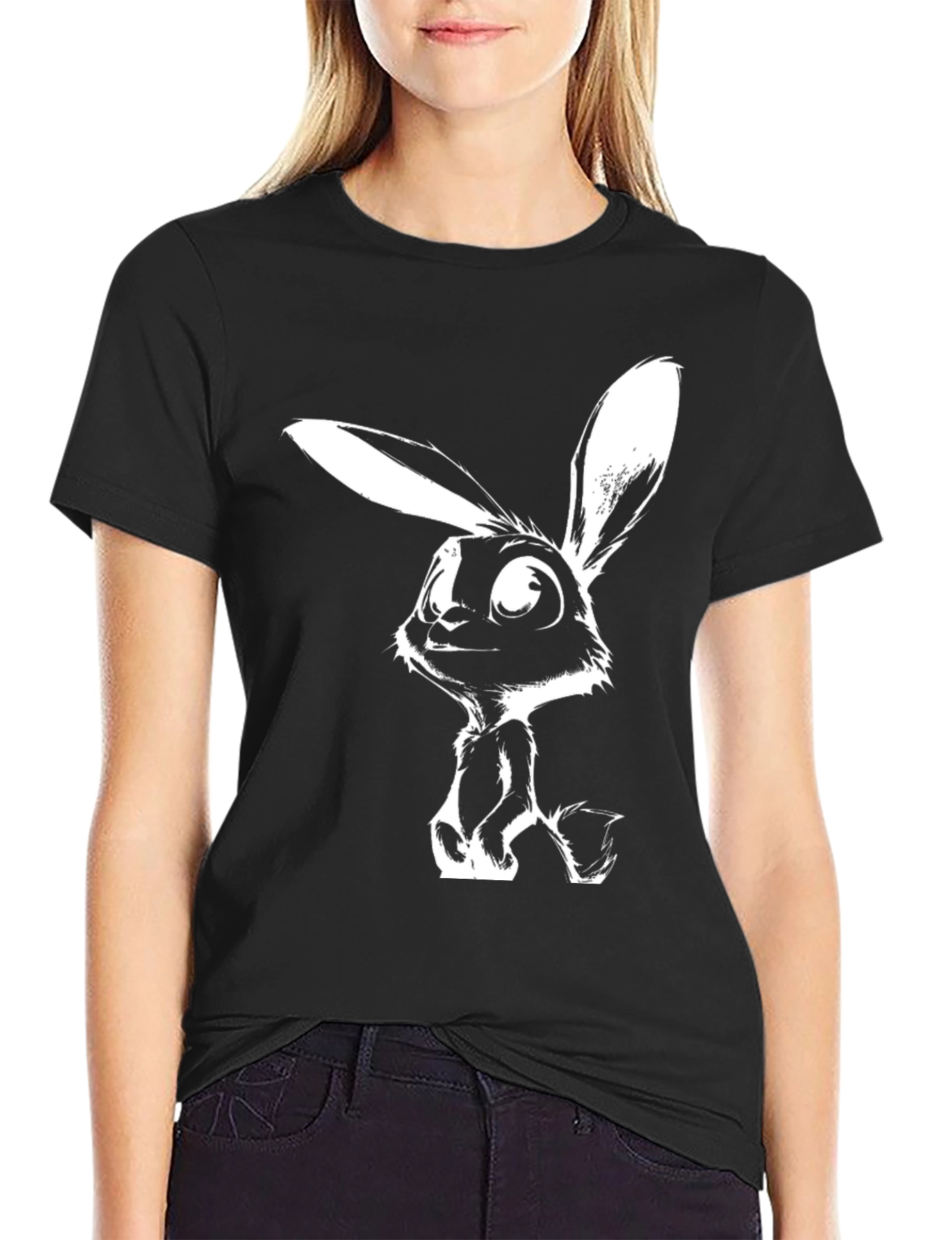 Black Cartoon Rabbit Graphic Tee - Black Casual T-Shirt view 2