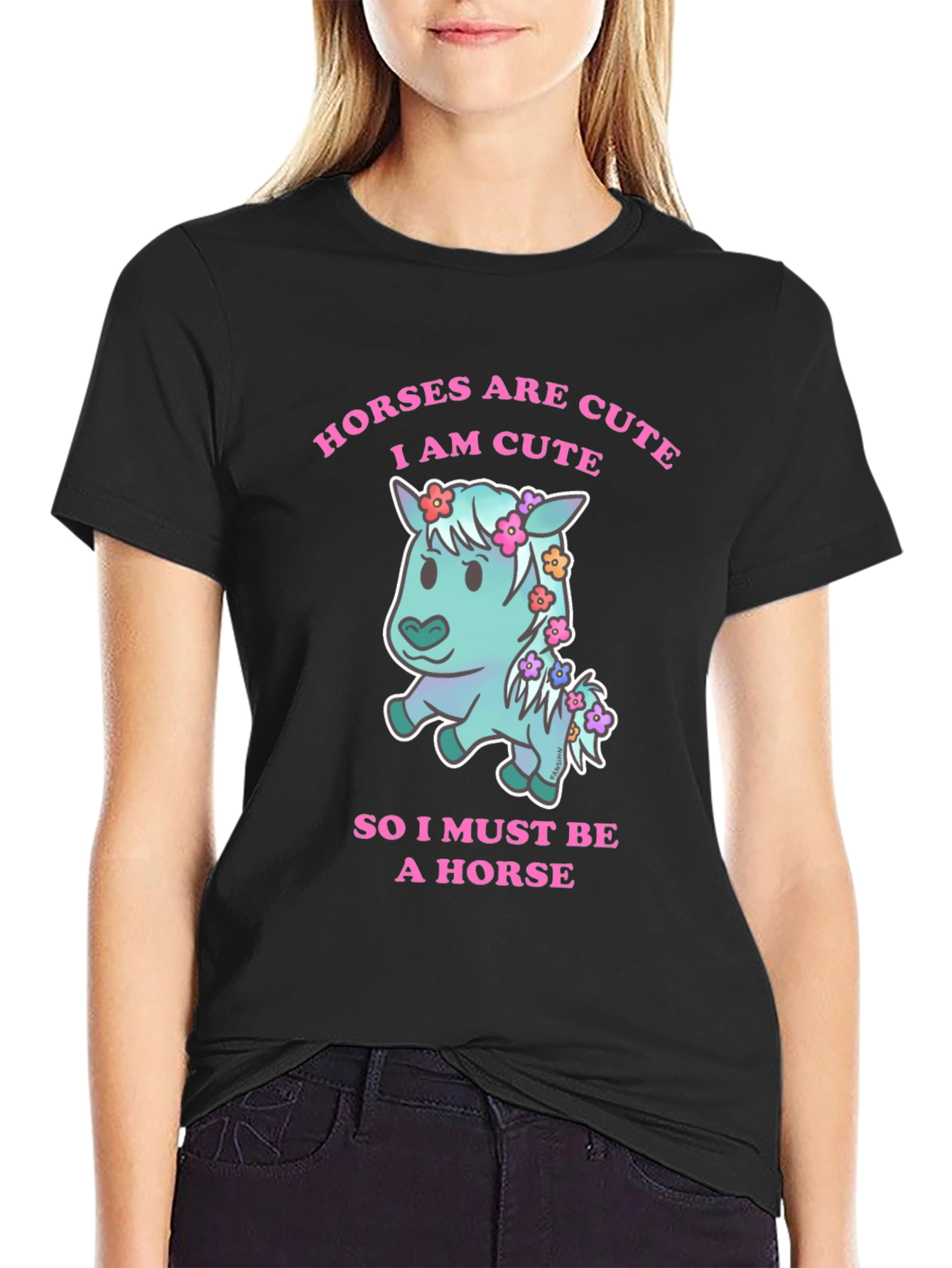 Black Cute Horse Graphic T-Shirt view 2