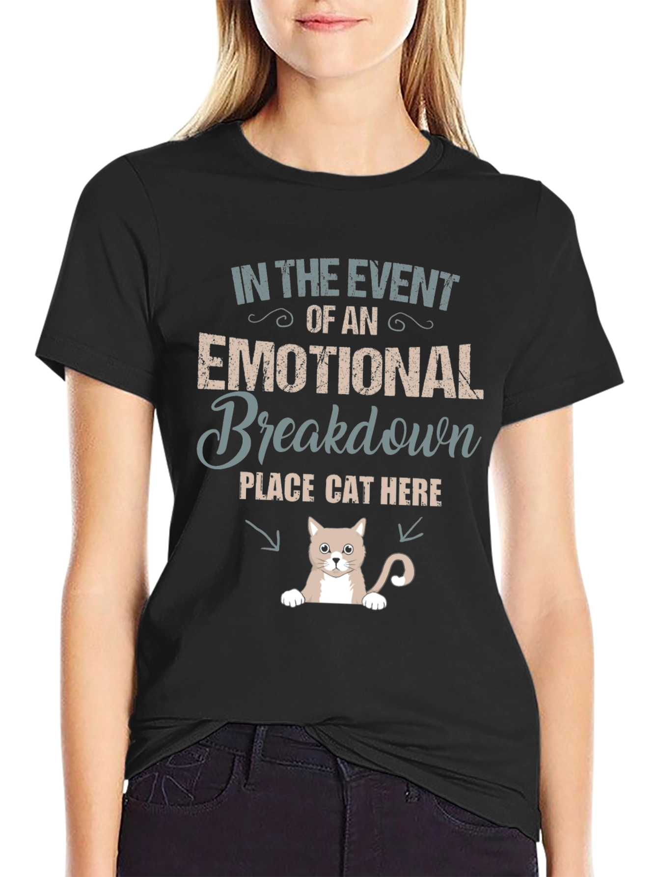 Black Emotional Breakdown Cat Here Graphic Tee view 2