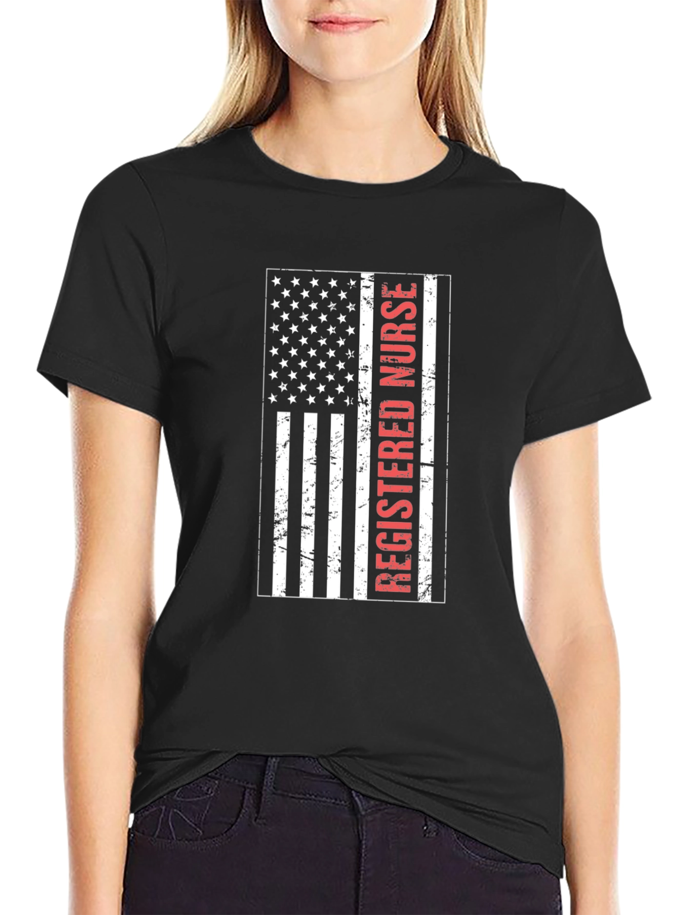 Black Registered Nurse American Flag T-Shirt view 2