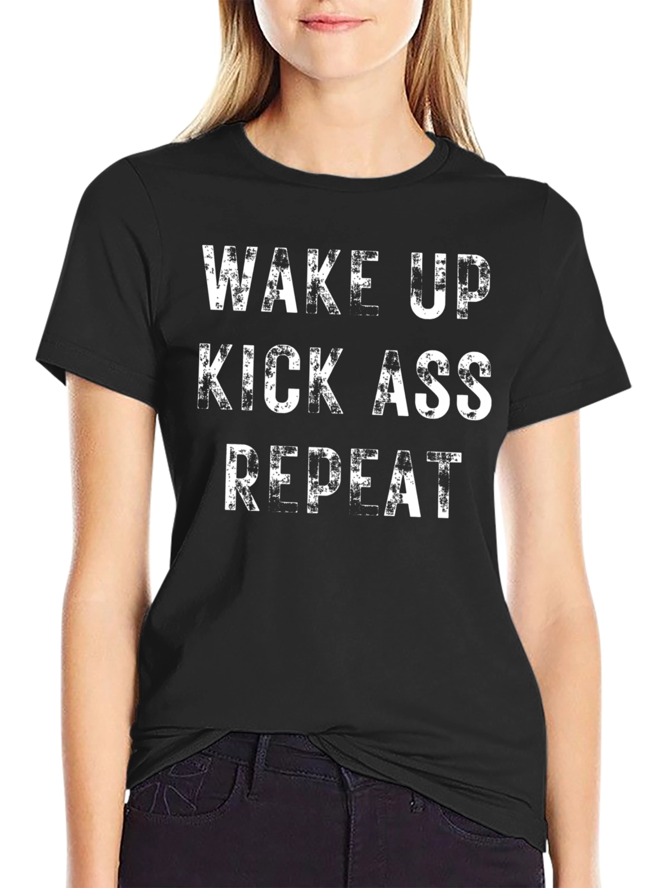 Black Wake Up Kick Ass Repeat T-Shirt view 2