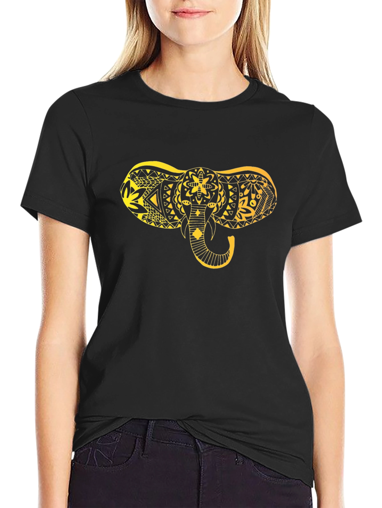 Black Black T-Shirt with Gold Elephant Design view 2