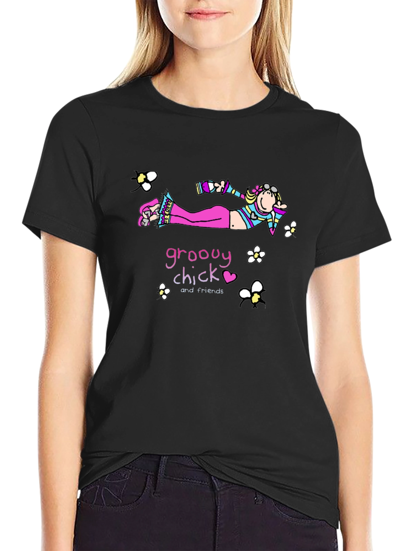 Black Groovy Chick T-Shirt - Black Cotton Tee view 2