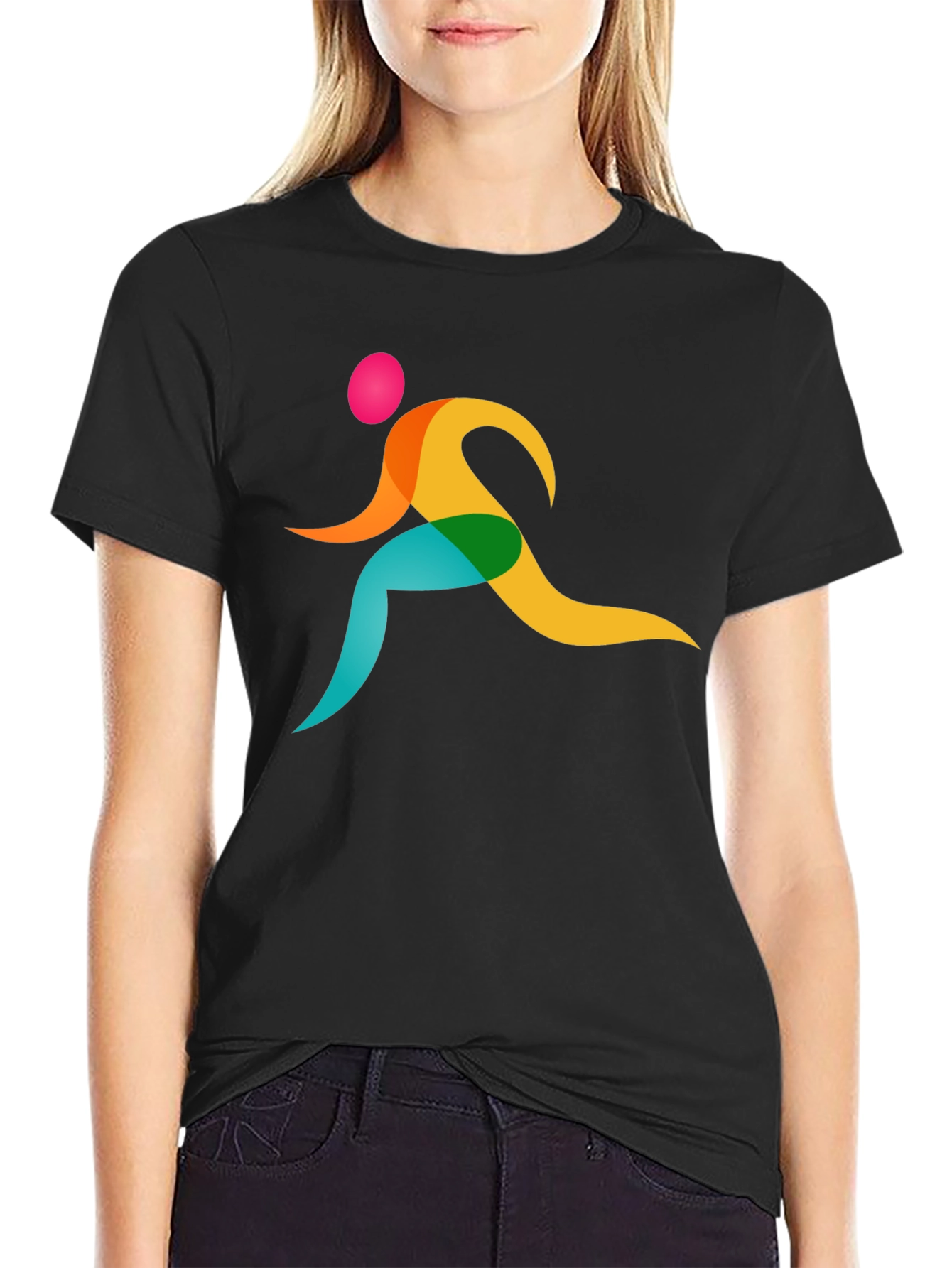 Black Men's Black T-Shirt with Colorful Runner Design view 2