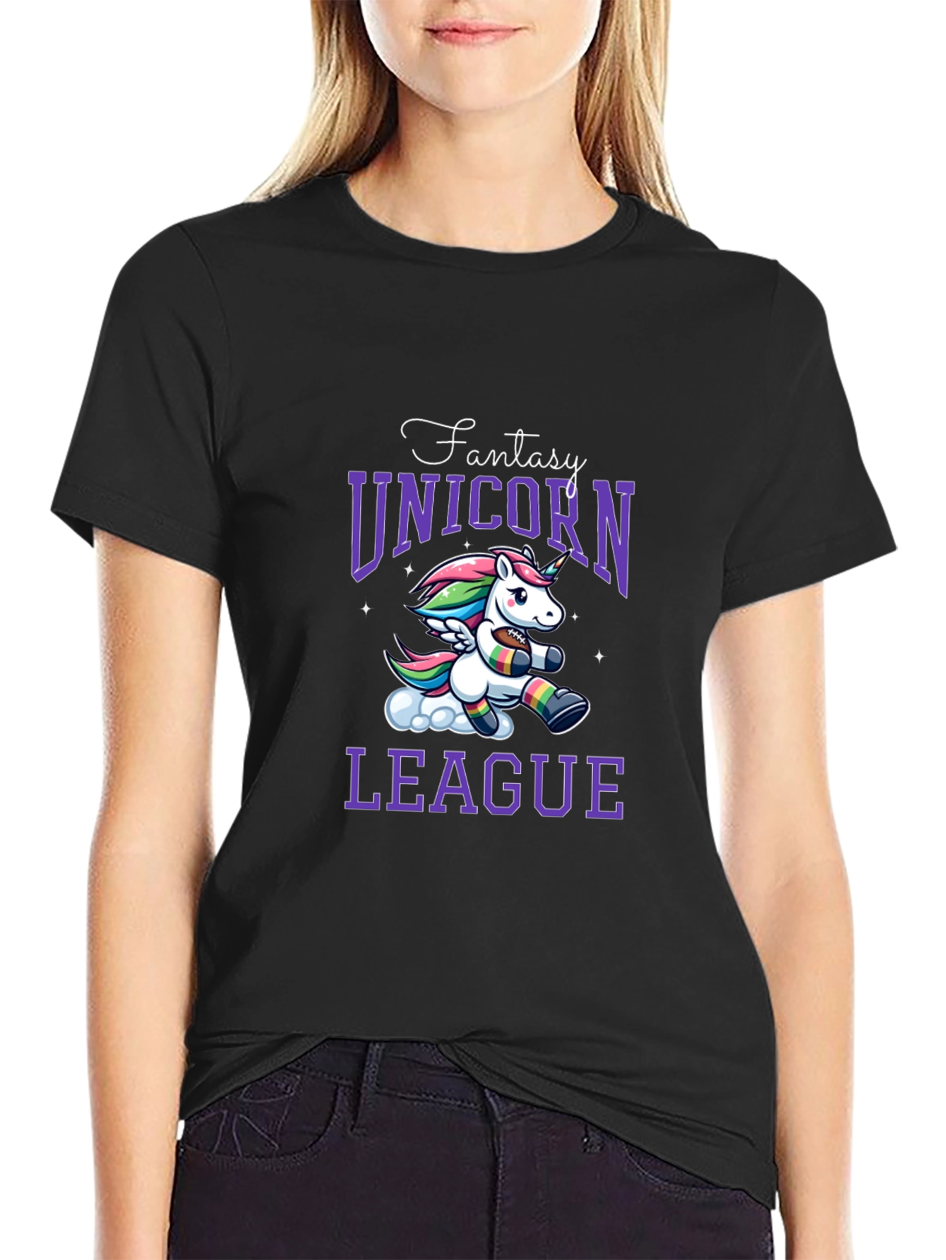 Black Fantasy Unicorn League Black T-Shirt view 2