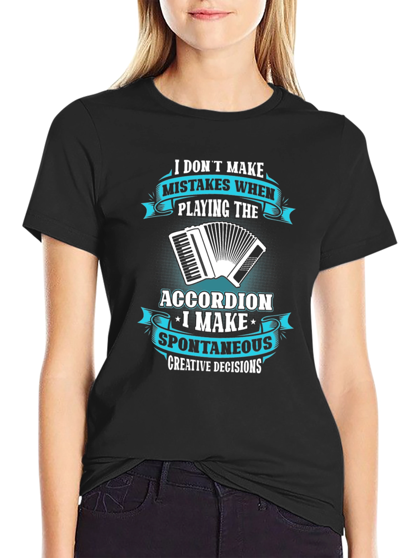 Black Accordion Player T-Shirt - Spontaneous Creative Decisions view 2