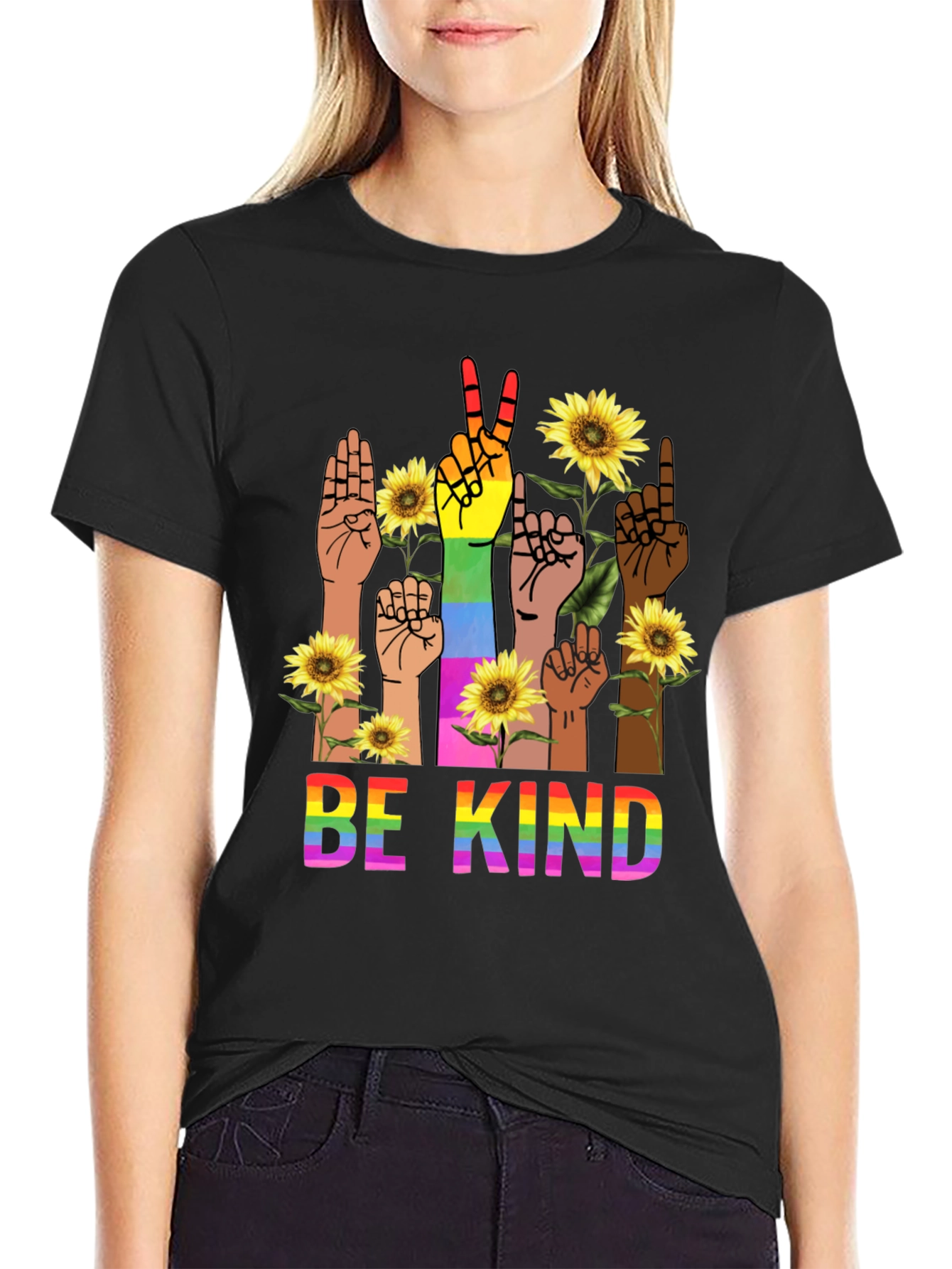 Black Be Kind Rainbow Hands T-Shirt view 2