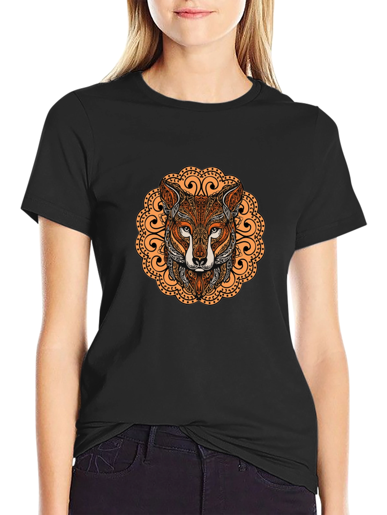 Black Fox Mandala Graphic T-Shirt - Stylish Crew Neck Tee view 2