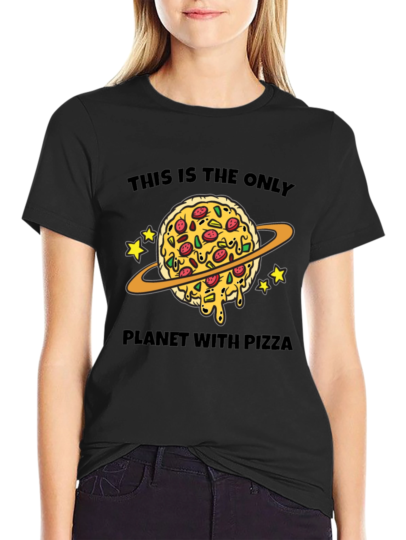 Black Pizza Planet T-Shirt: Space Foodie Tee view 2