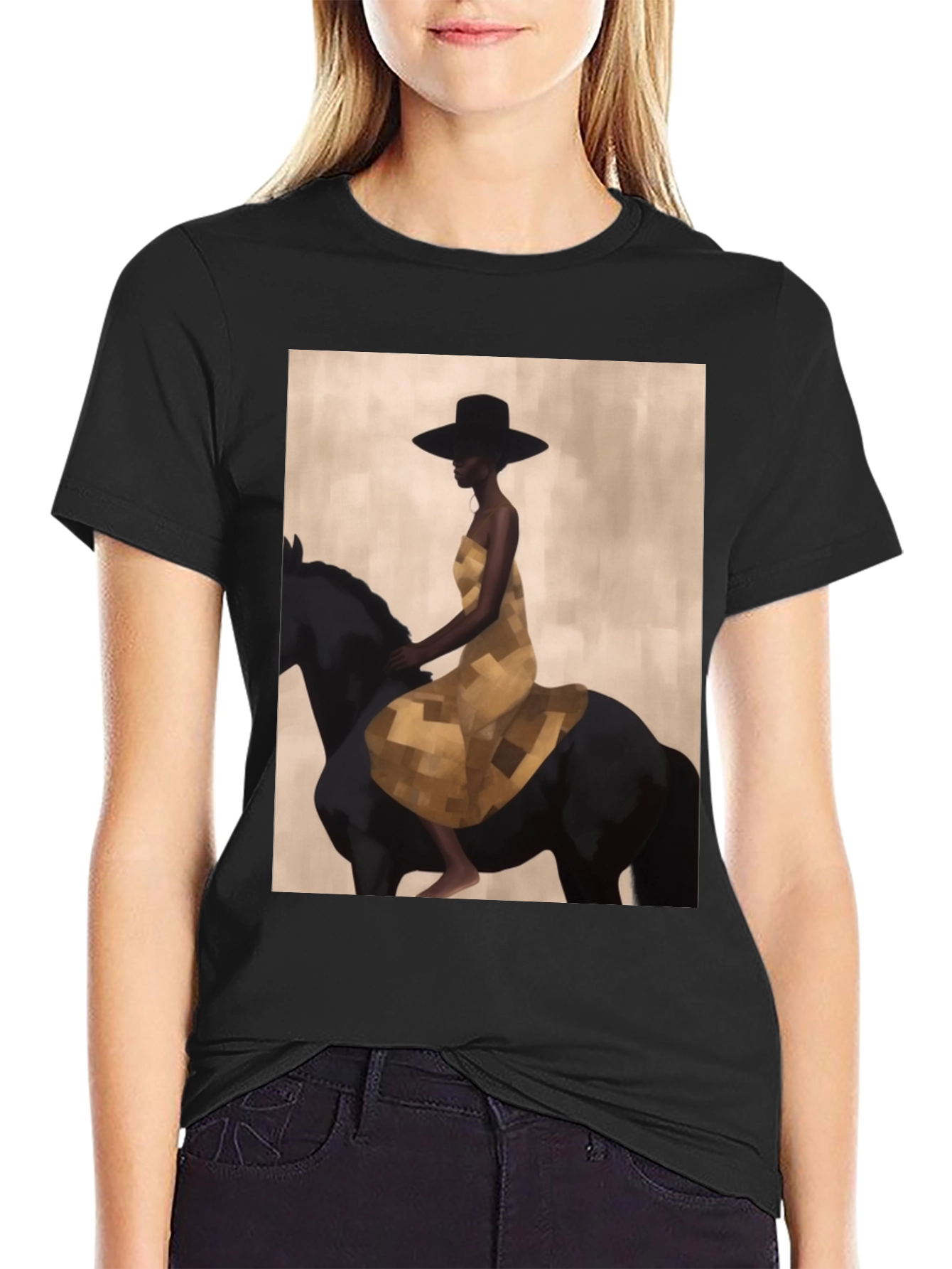 Black Black T-Shirt with Woman Riding Horse Design view 2