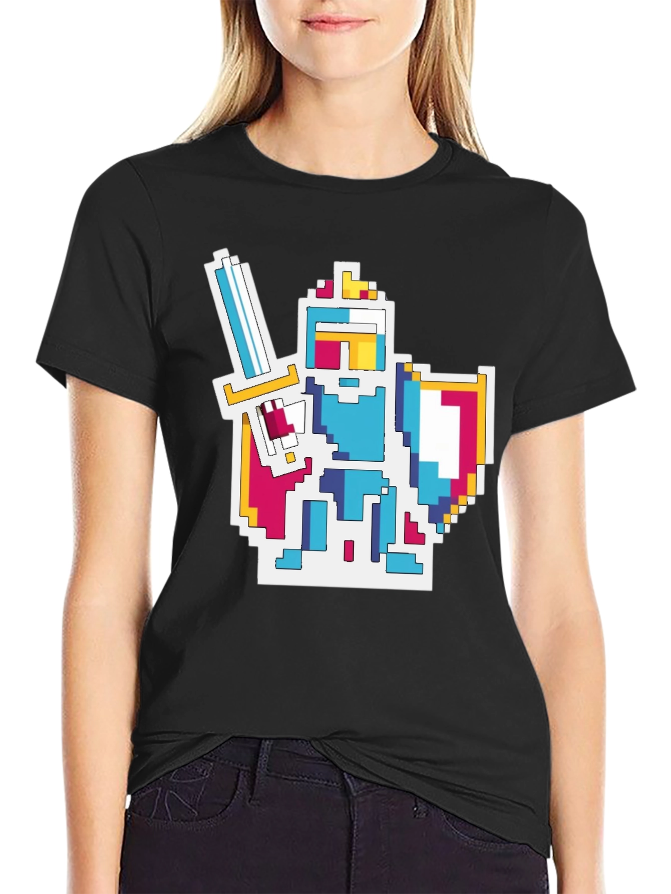 Black Pixel Knight Graphic Tee - Black Cotton Blend T-Shirt view 2
