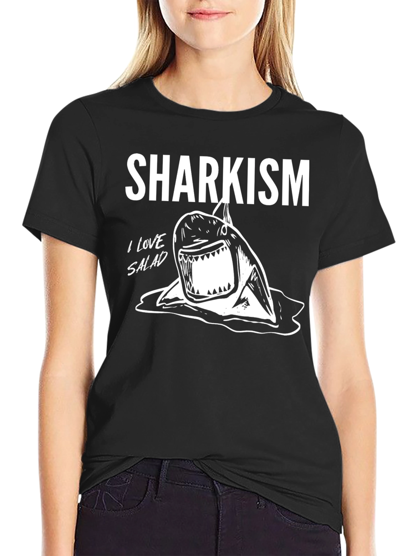 Black Sharkism Graphic Tee - I Love Salad Funny Shark T-Shirt view 2