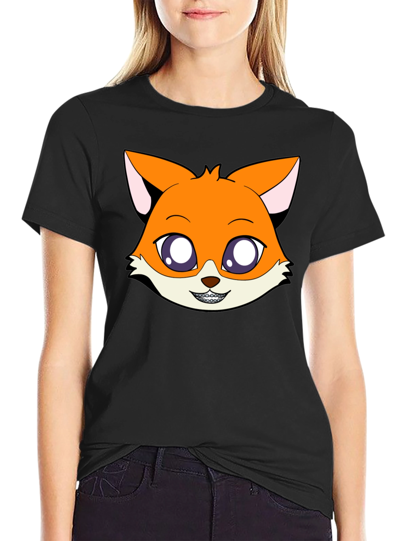 Black Cartoon Fox Graphic Tee - Unisex Black T-Shirt view 2