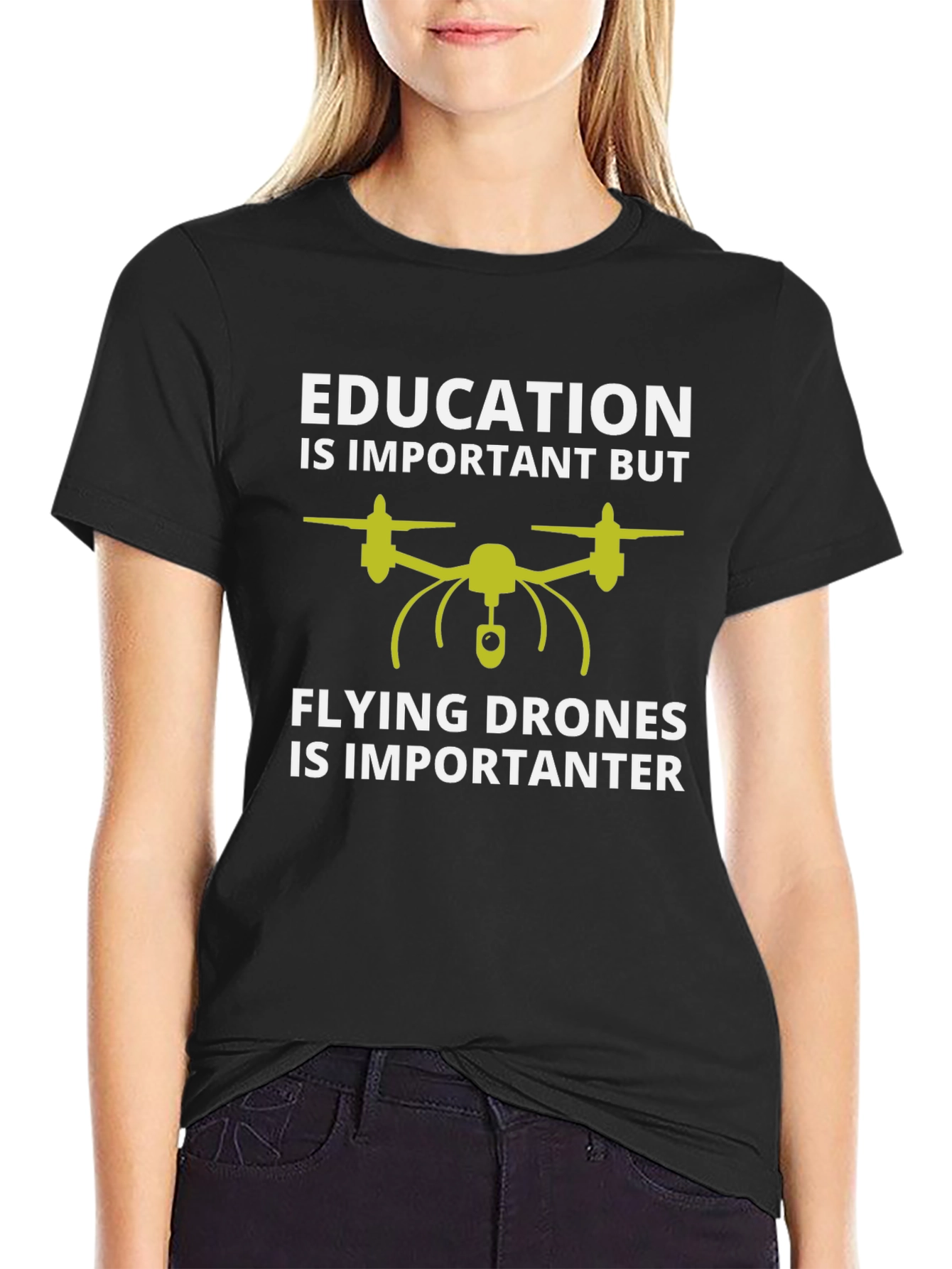 Black Funny Drone Pilot T-Shirt: Education vs Flying Drones view 2