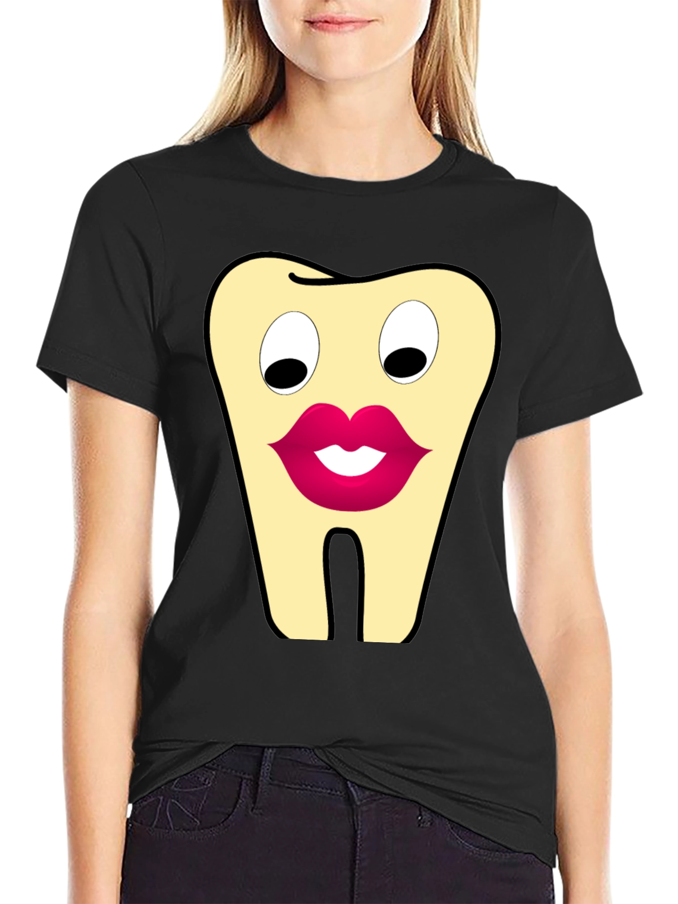 Black Funny Tooth Cartoon Graphic T-Shirt view 2