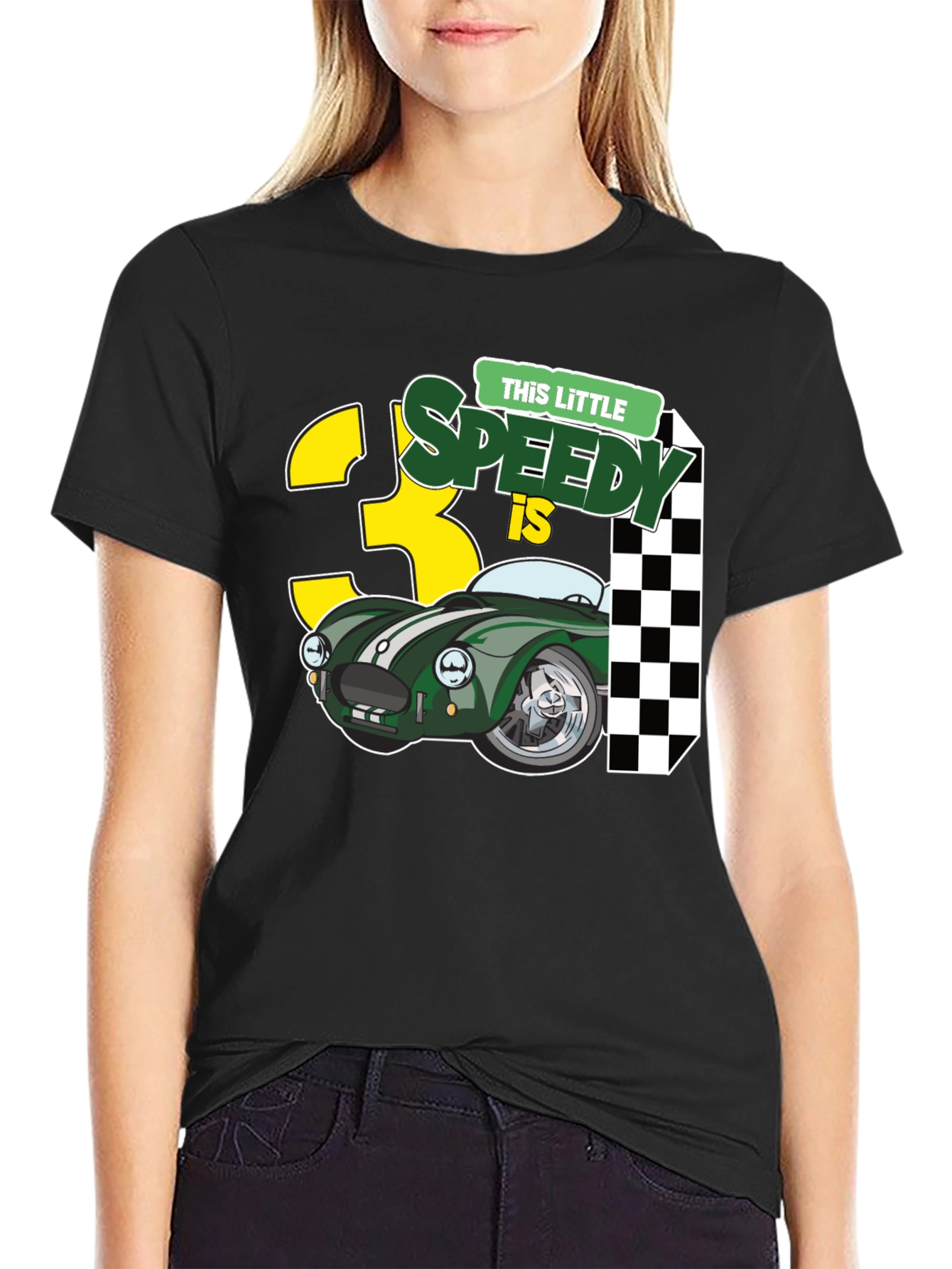 Black Little Speedy is 3 T-Shirt - Racing Car 3rd Birthday Tee view 2