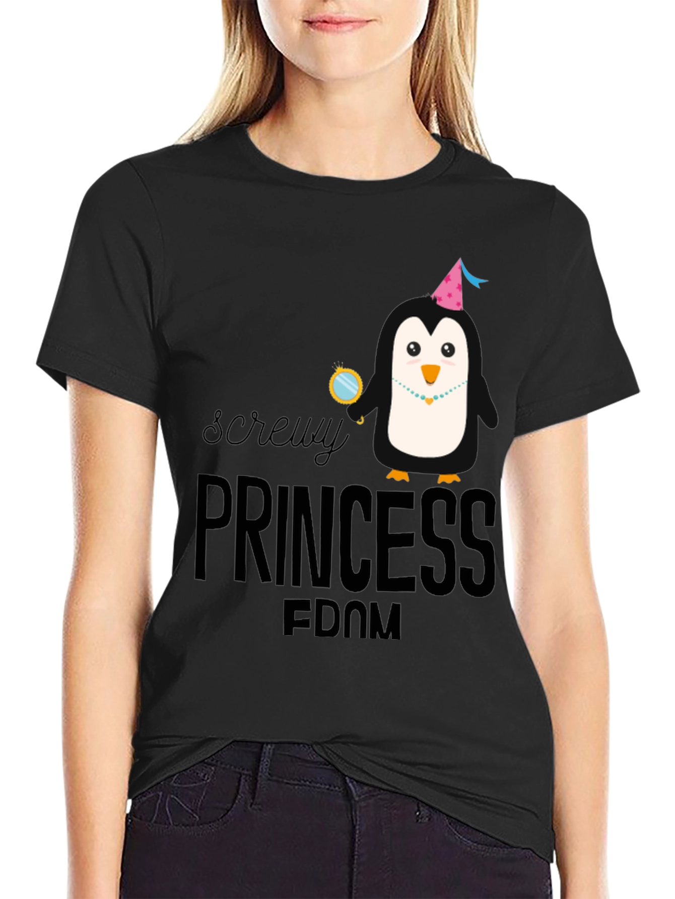 Black Screw-y Princess Penguin T-Shirt - Quirky Fun Top view 2