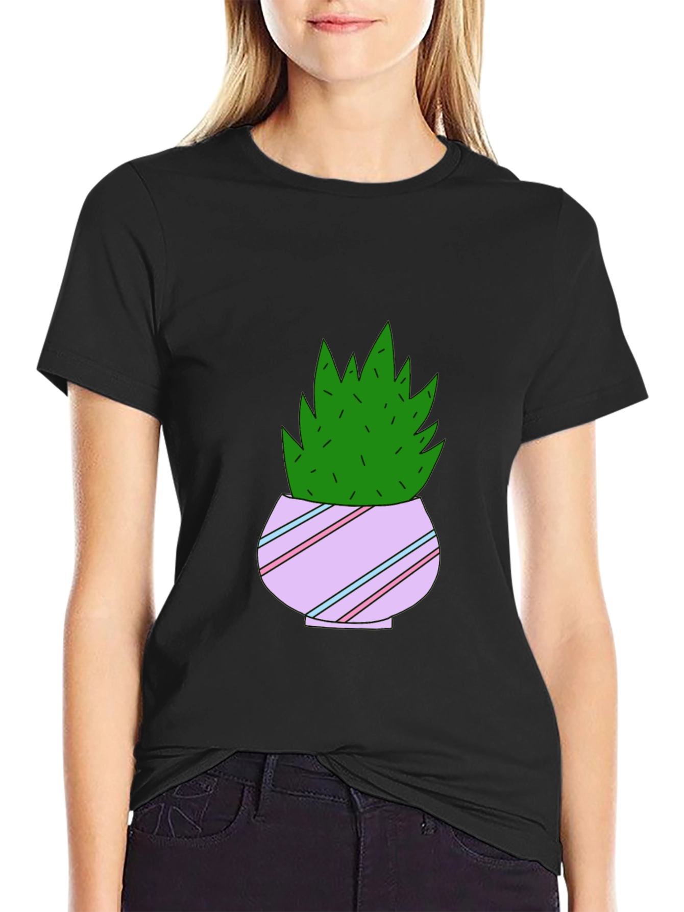 Black Cute Potted Plant Graphic T-Shirt view 2
