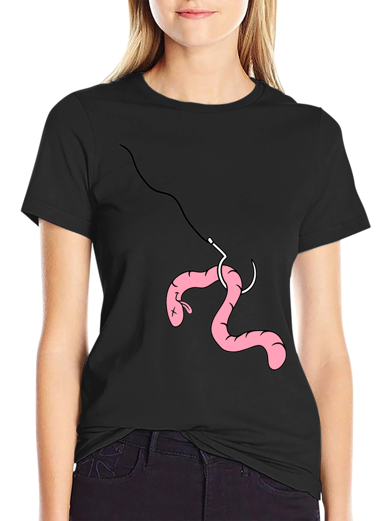 Black Funny Fishing Worm Hook T-Shirt view 2