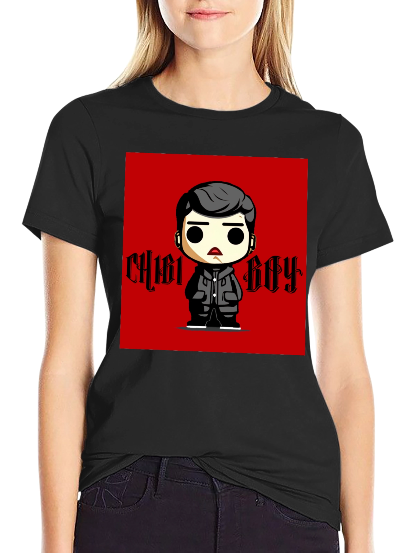 Black Chibi Boy Graphic Tee - Black Cotton T-Shirt view 2