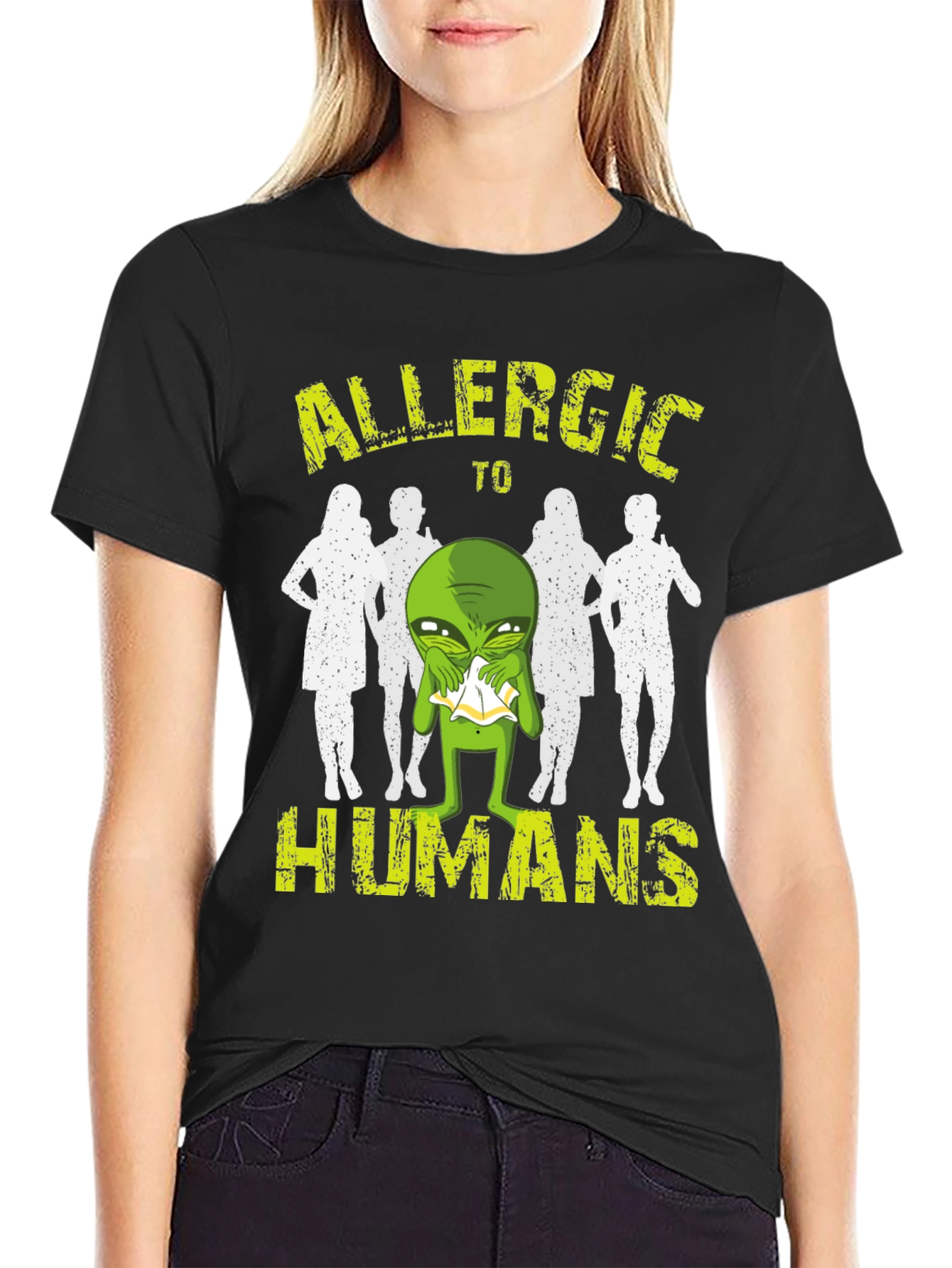 Black Allergic to Humans Alien T-Shirt - Funny Graphic Tee view 2