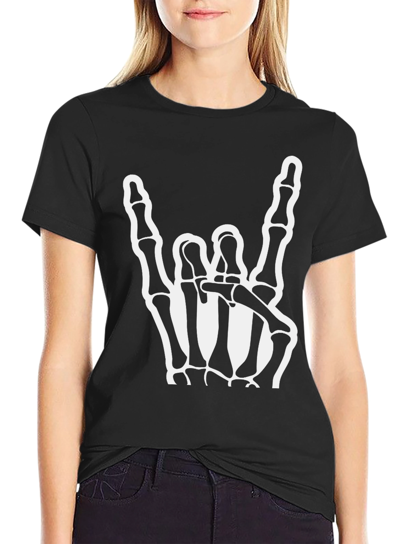 Black Rock On Skeleton Hand Black T-Shirt view 2