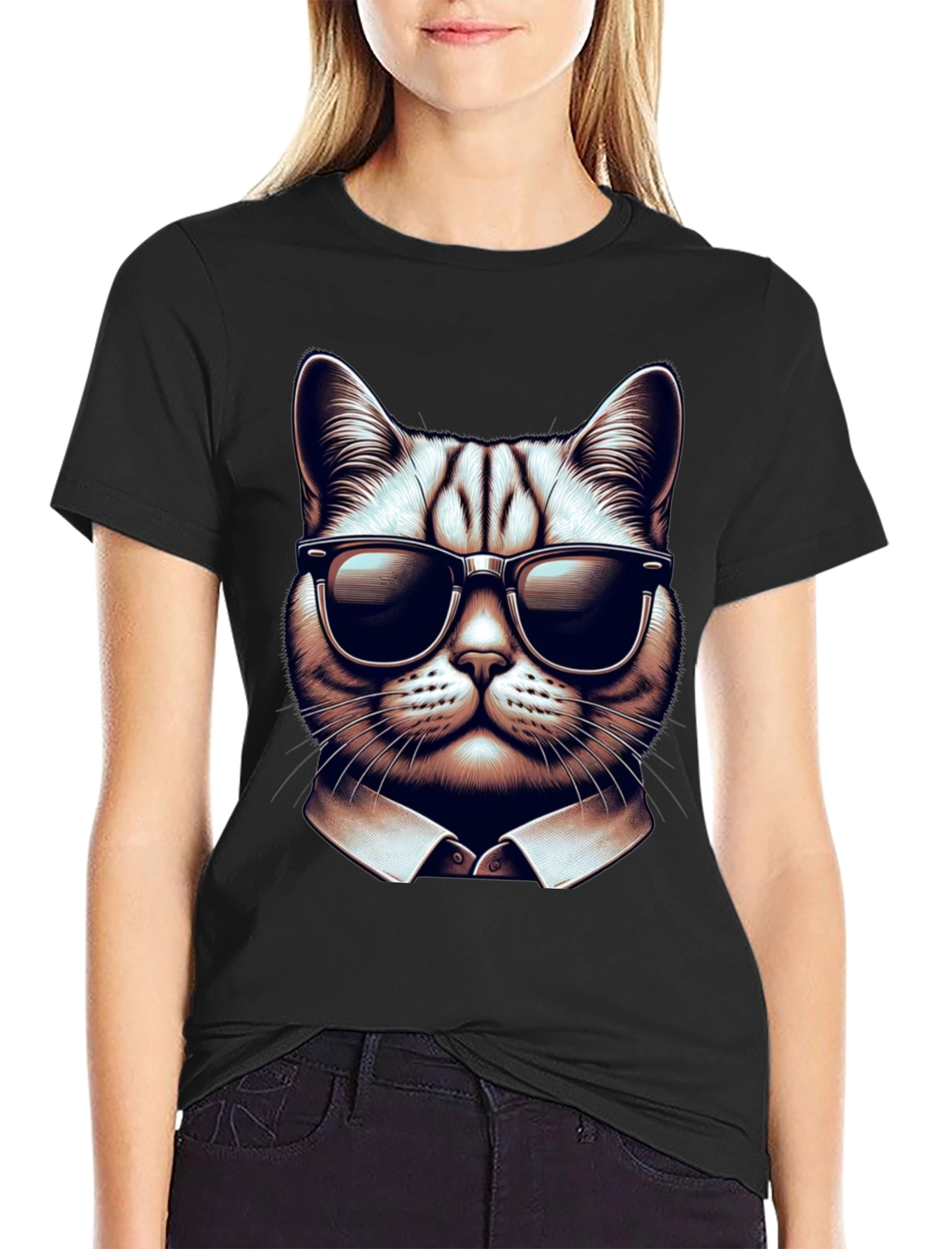 Black Cool Cat in Shades Graphic Tee - Black Cotton T-Shirt view 2