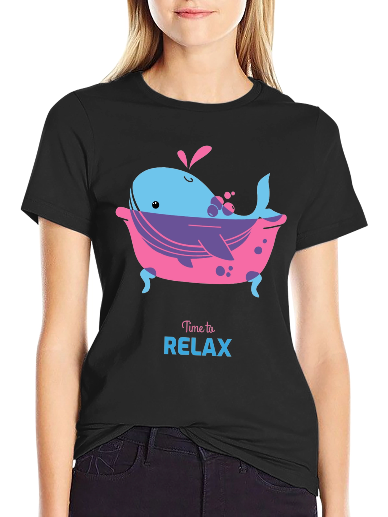 Black Time to Relax Whale in Tub Black T-Shirt view 2