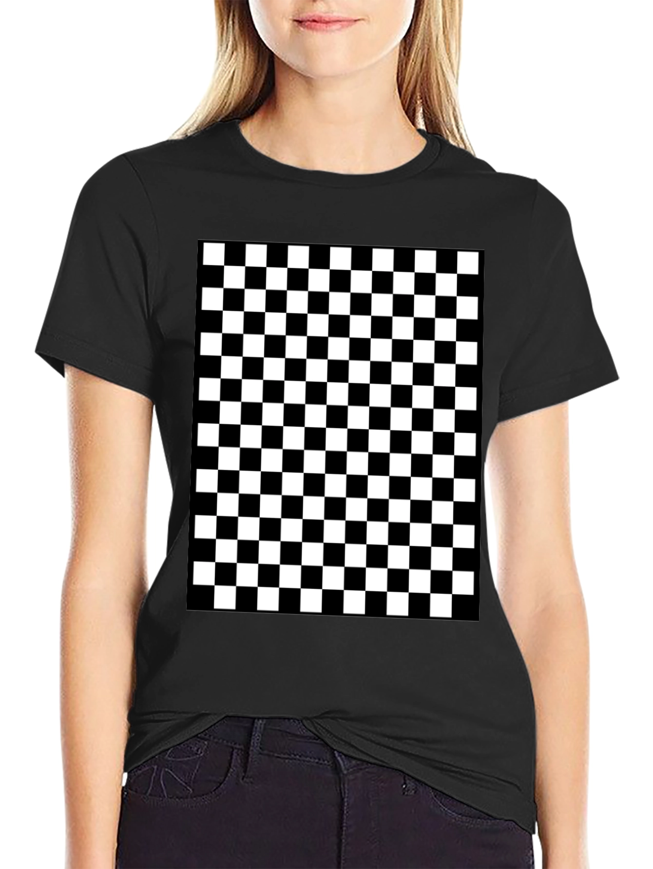 Black Checkered Pattern Black T-Shirt view 2