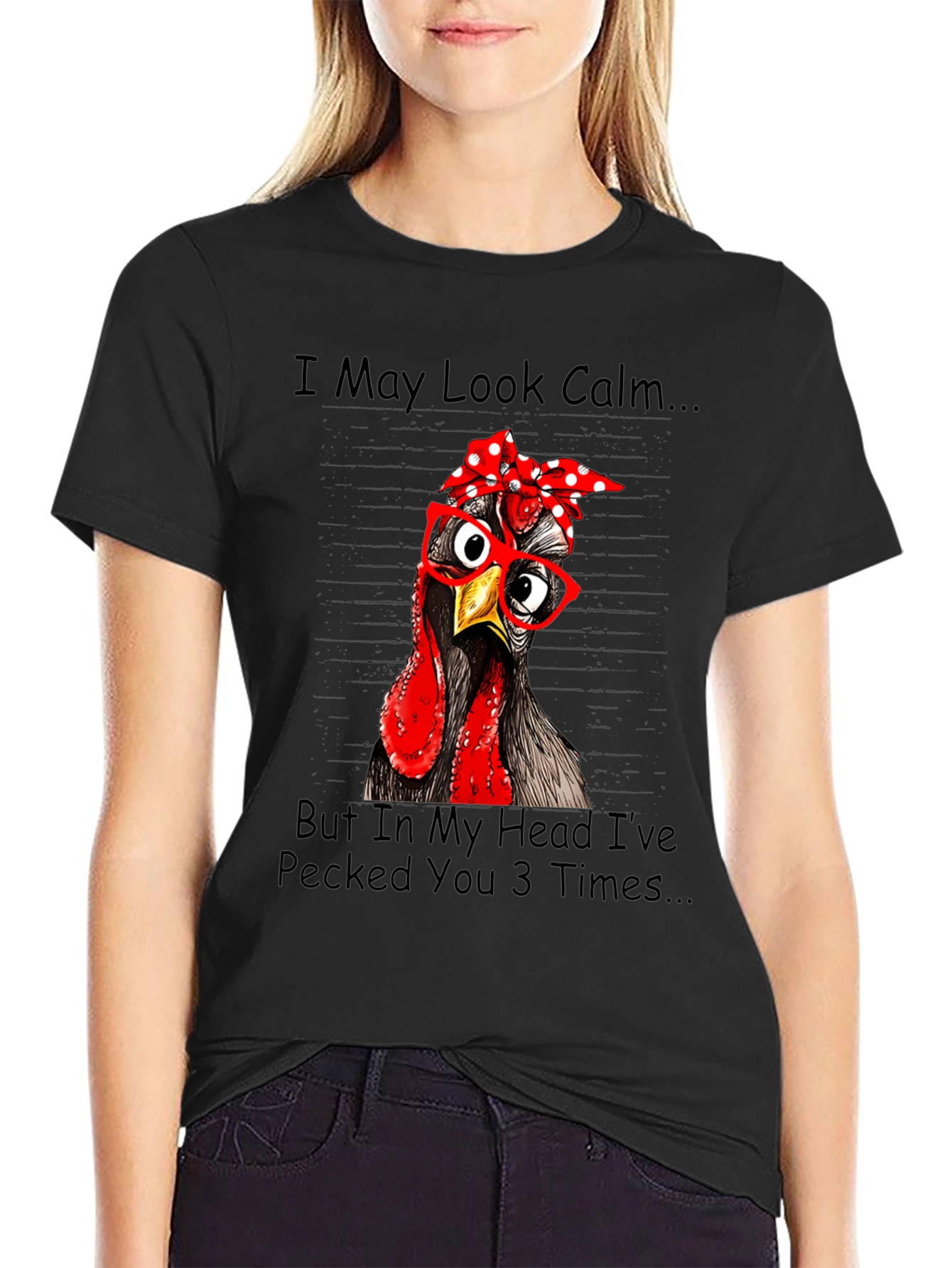 Black Funny Chicken T-Shirt: I May Look Calm view 2