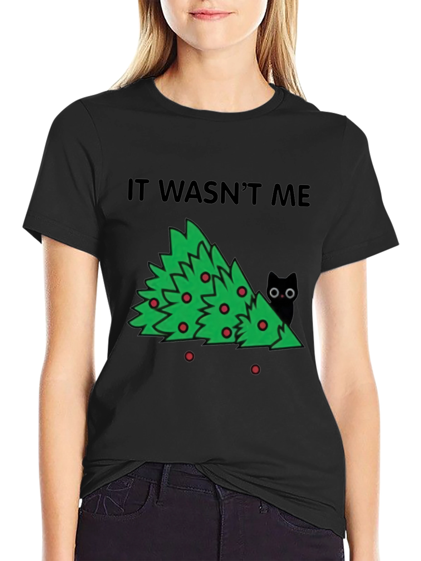 Black It Wasn't Me Christmas Tree Cat T-Shirt view 2