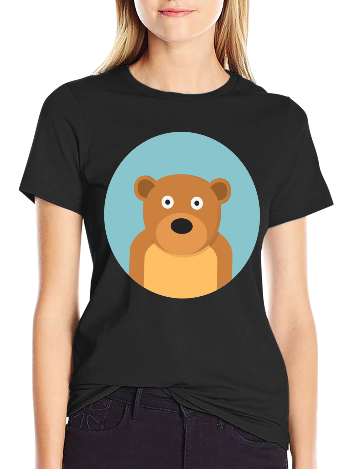 Black Cute Cartoon Bear Graphic Black T-Shirt view 2